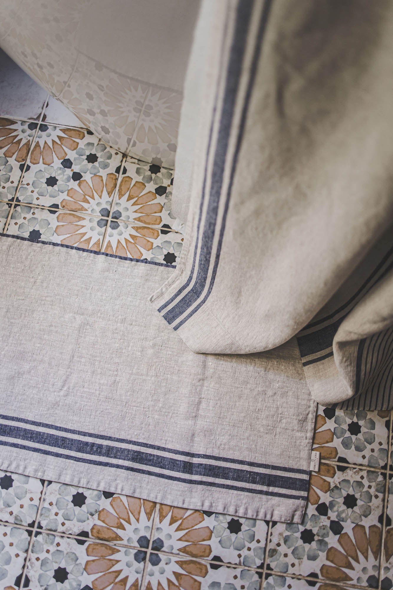 French style linen shower curtain with blue stripes