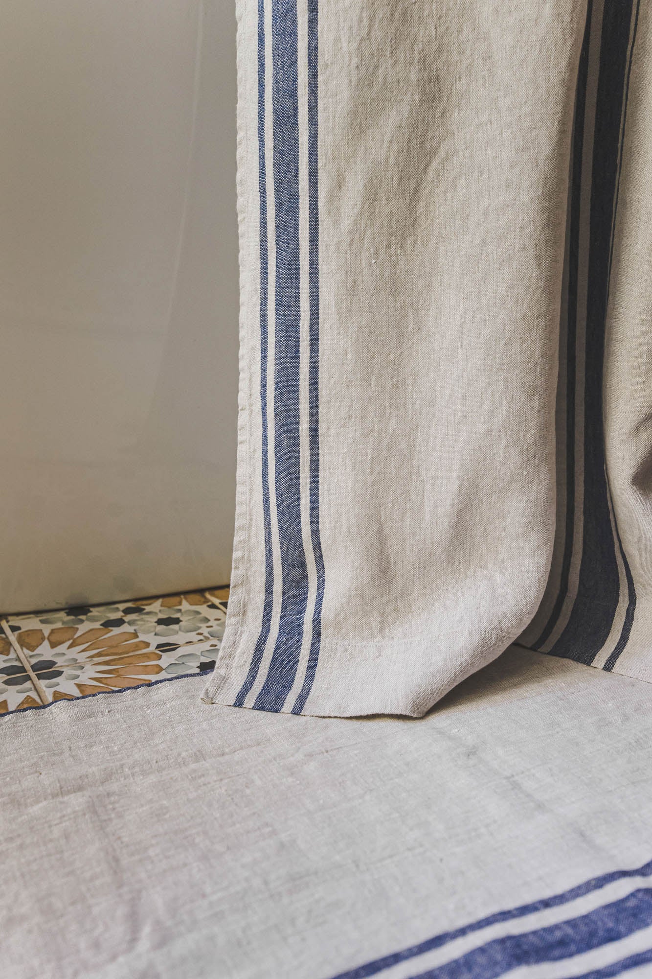 French style linen shower curtain with blue stripes