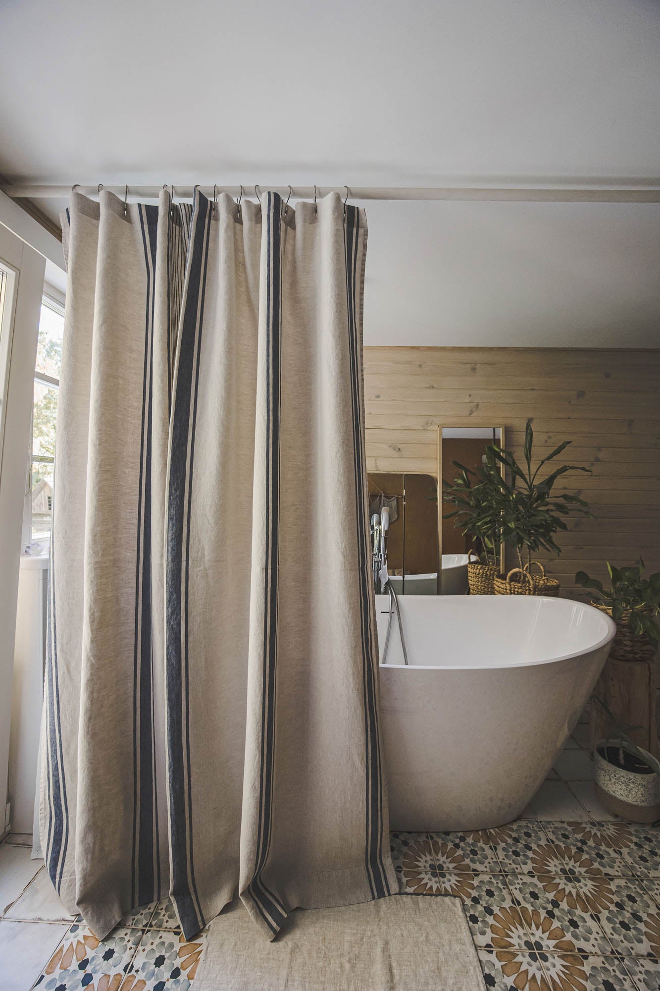 French style linen shower curtain with blue stripes