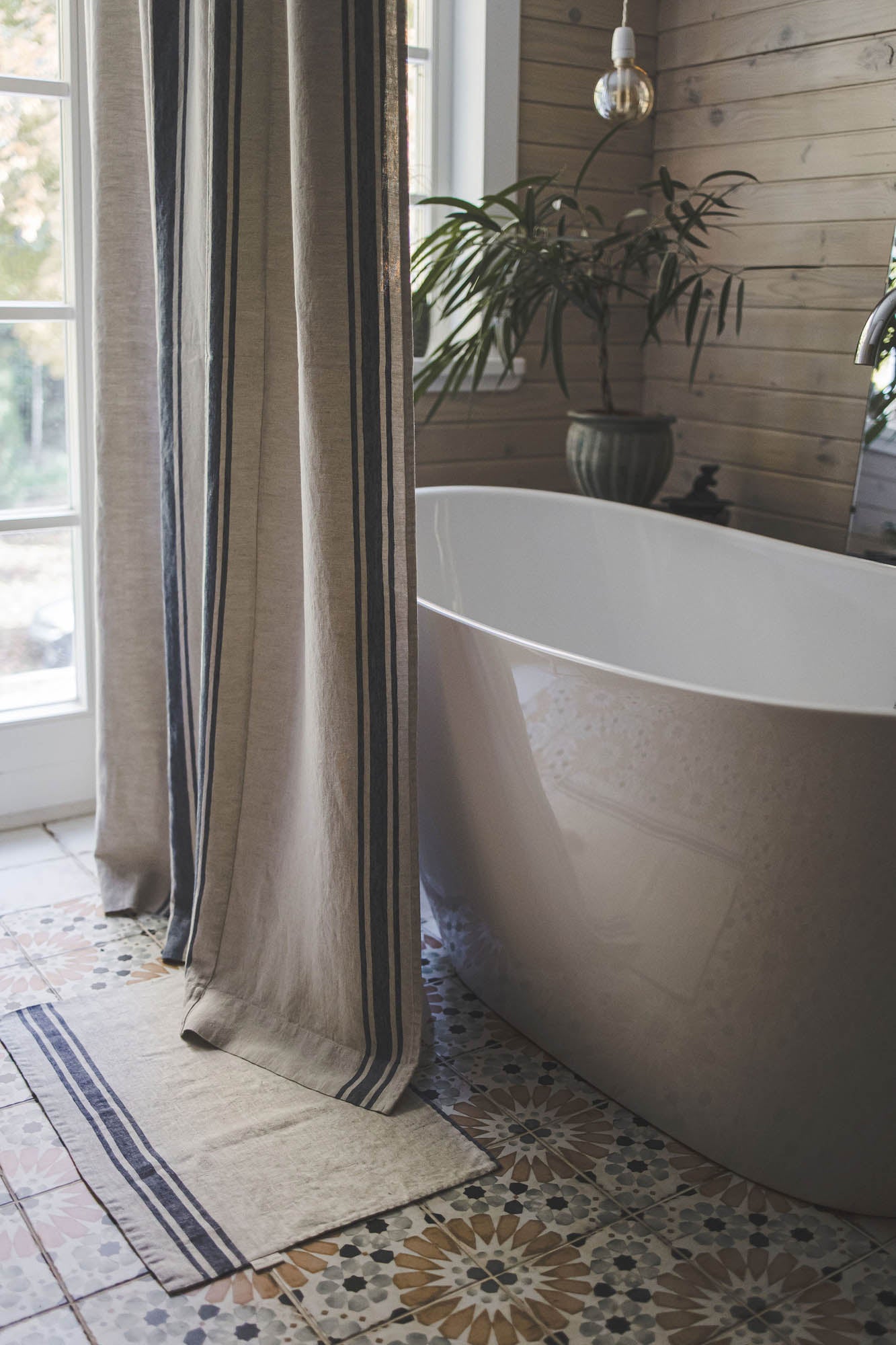 French style linen shower curtain with blue stripes