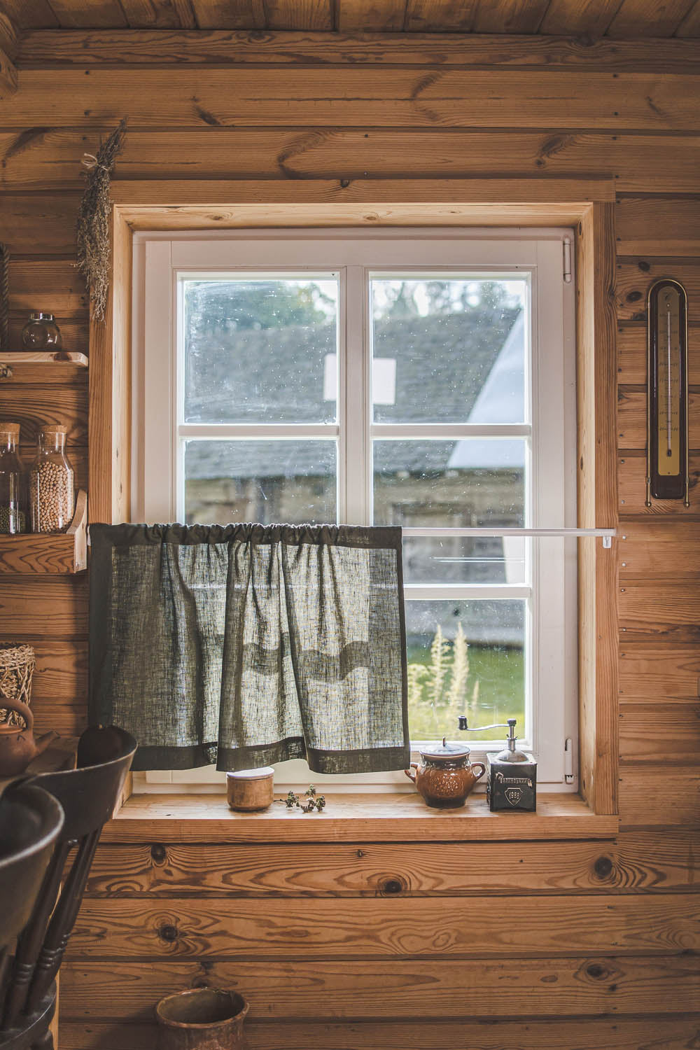 Forest green linen cafe curtain