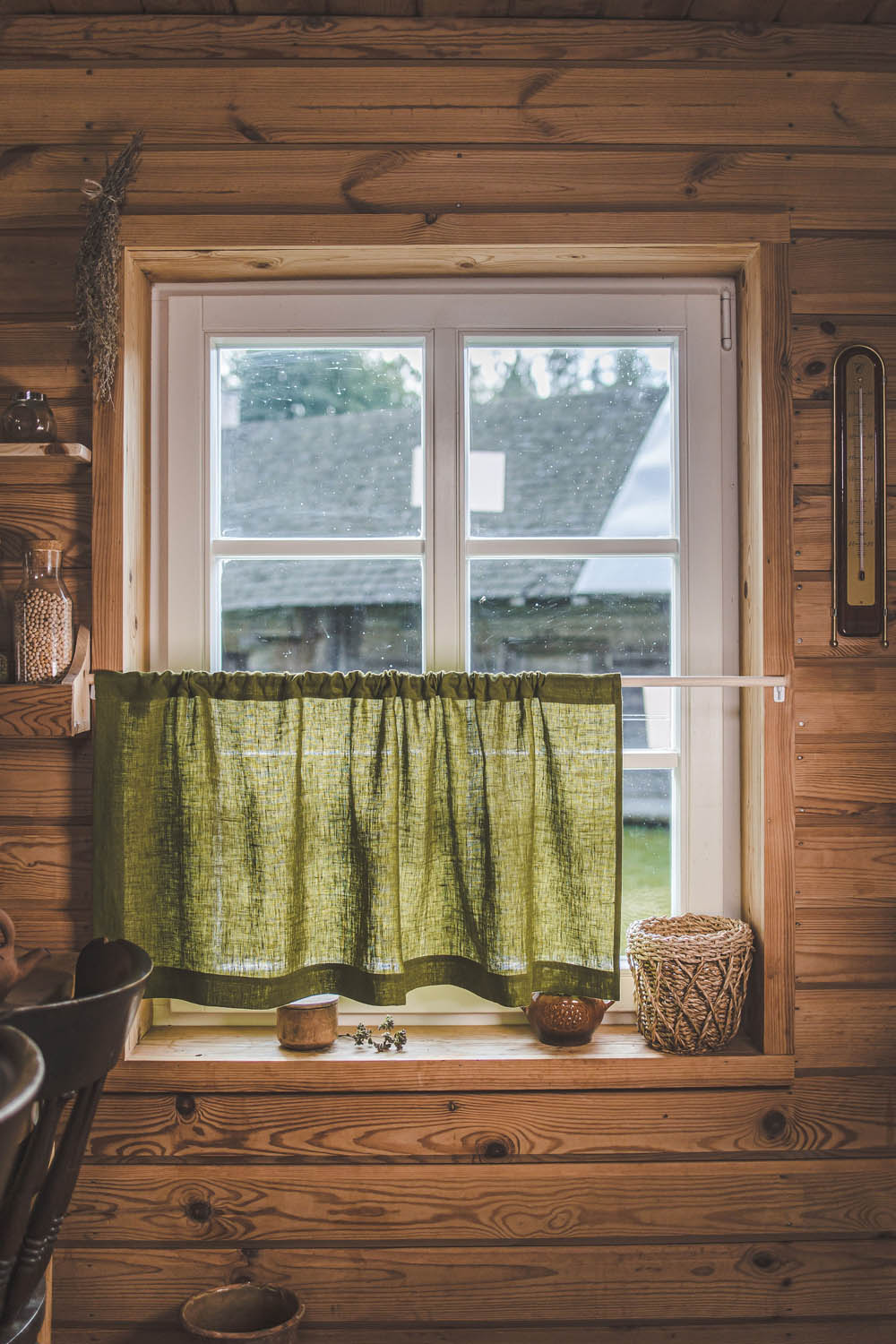 Moss green linen cafe curtain