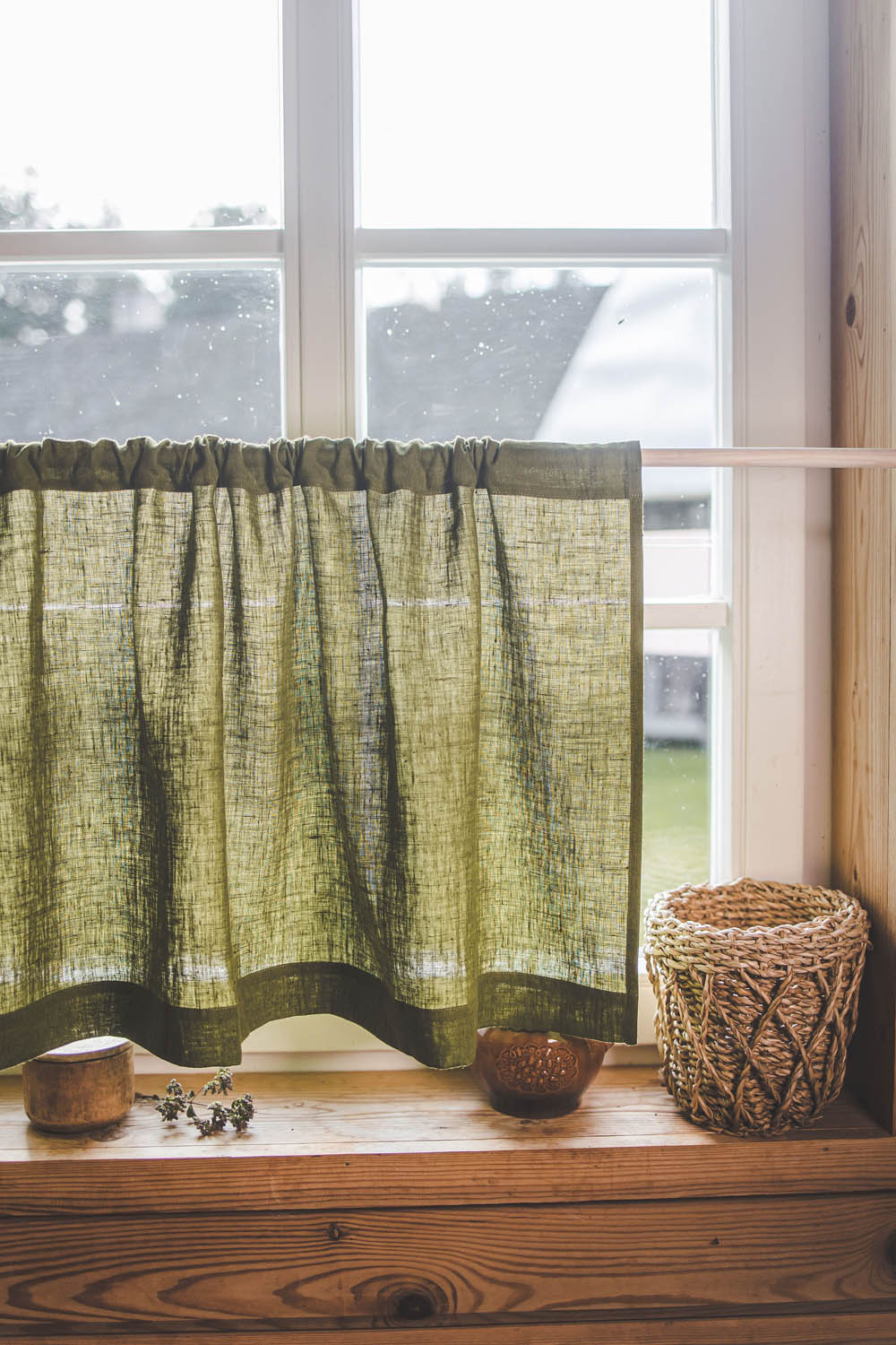 Moss green linen cafe curtain