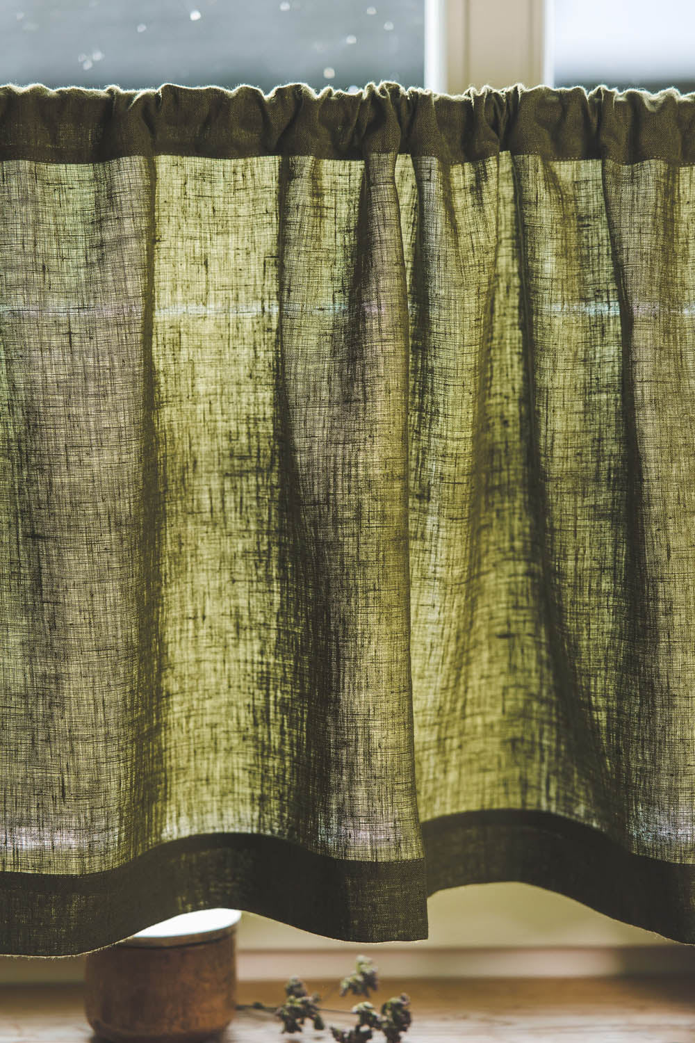 Moss green linen cafe curtain