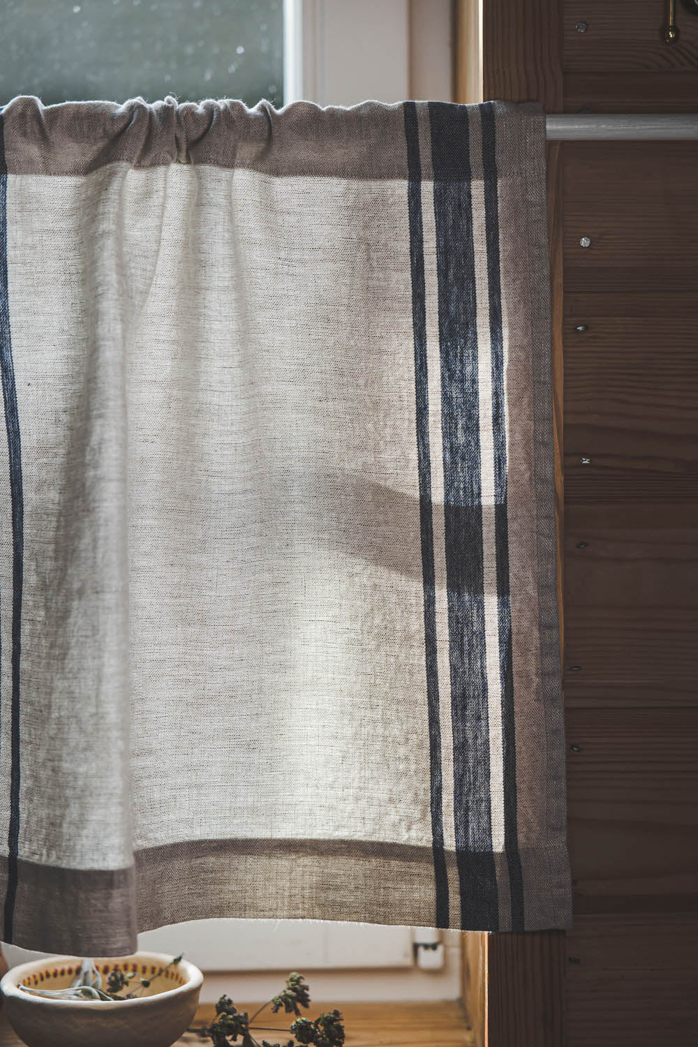 French style linen cafe curtain with classic blue stripes