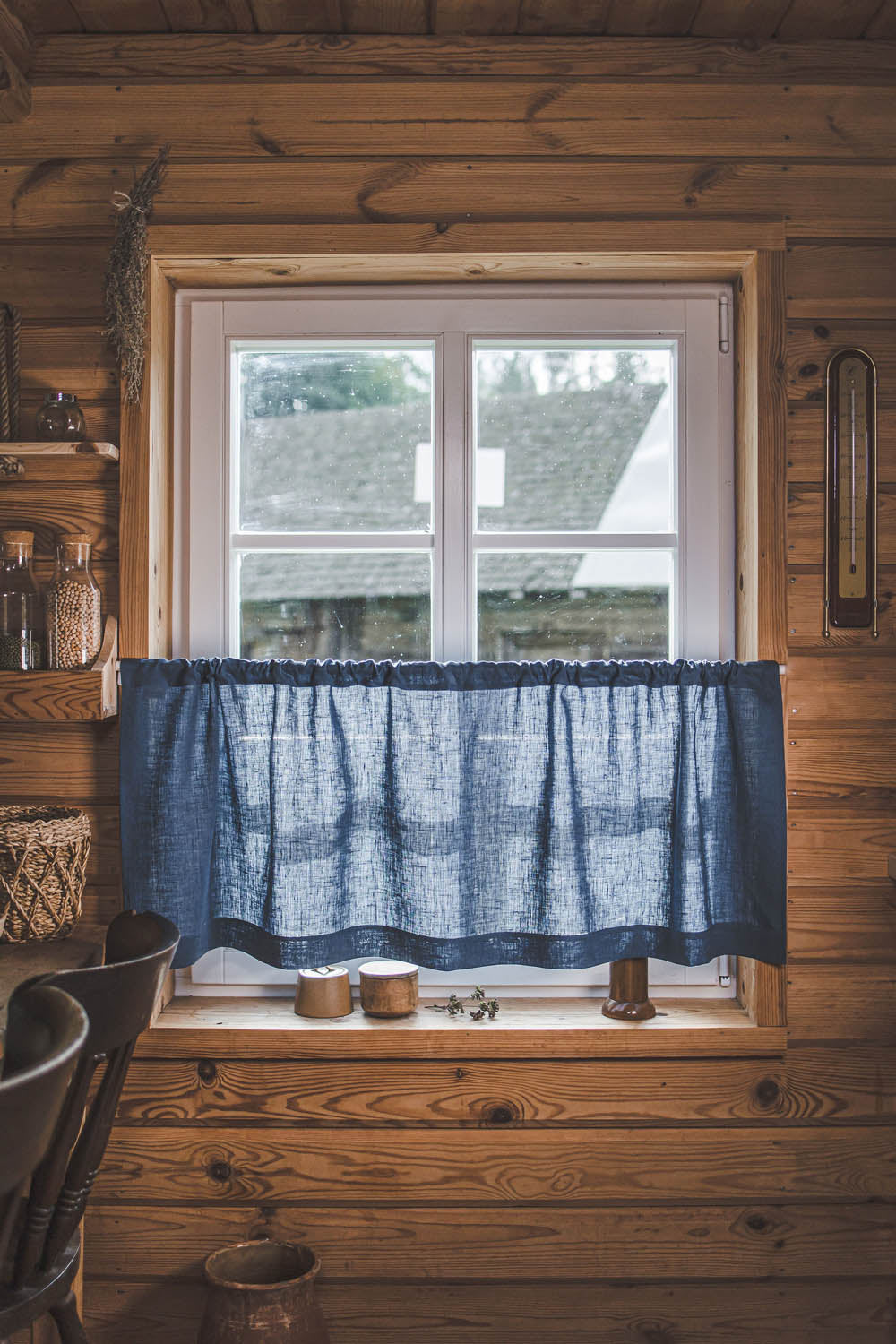 Cornflower blue linen cafe curtain