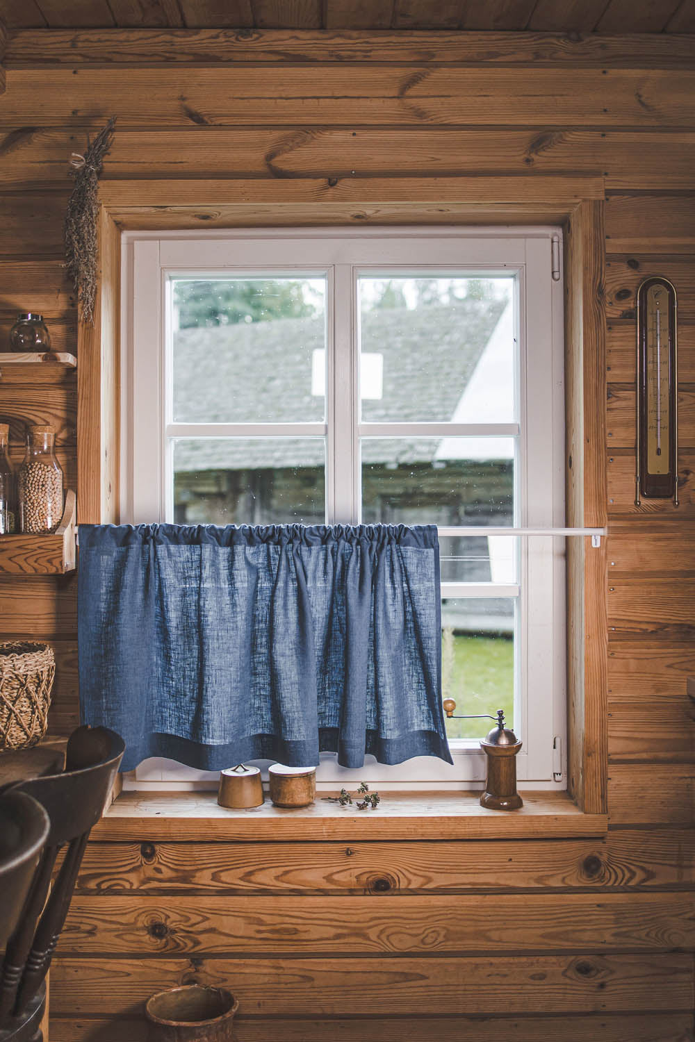 Cornflower blue linen cafe curtain