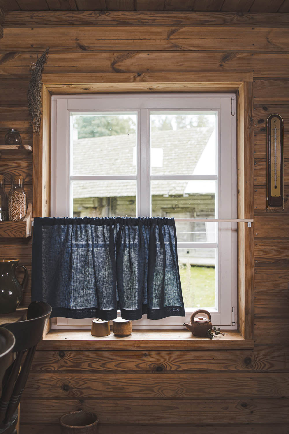 Midnight blue linen cafe curtain