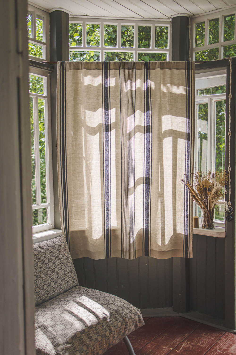 French style linen curtain with blue stripes
