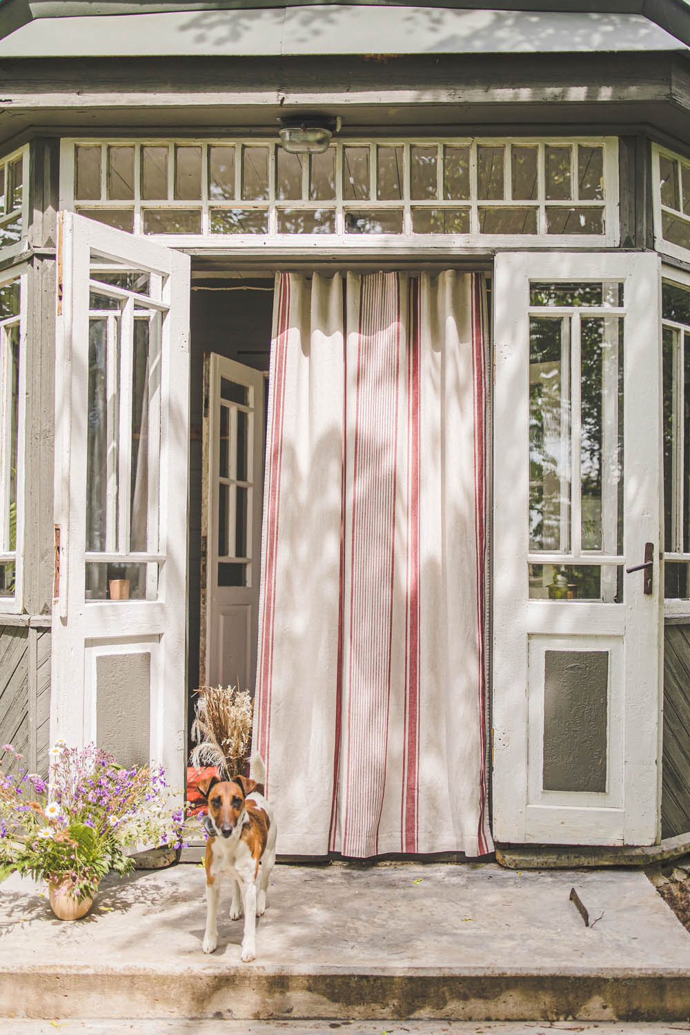French style linen curtain with cherry red stripes