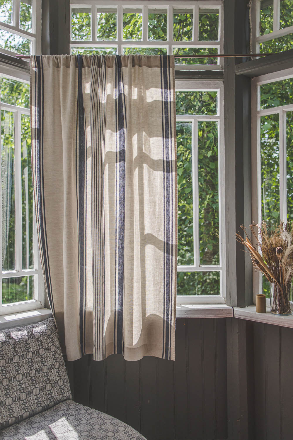 French style linen curtain with blue stripes