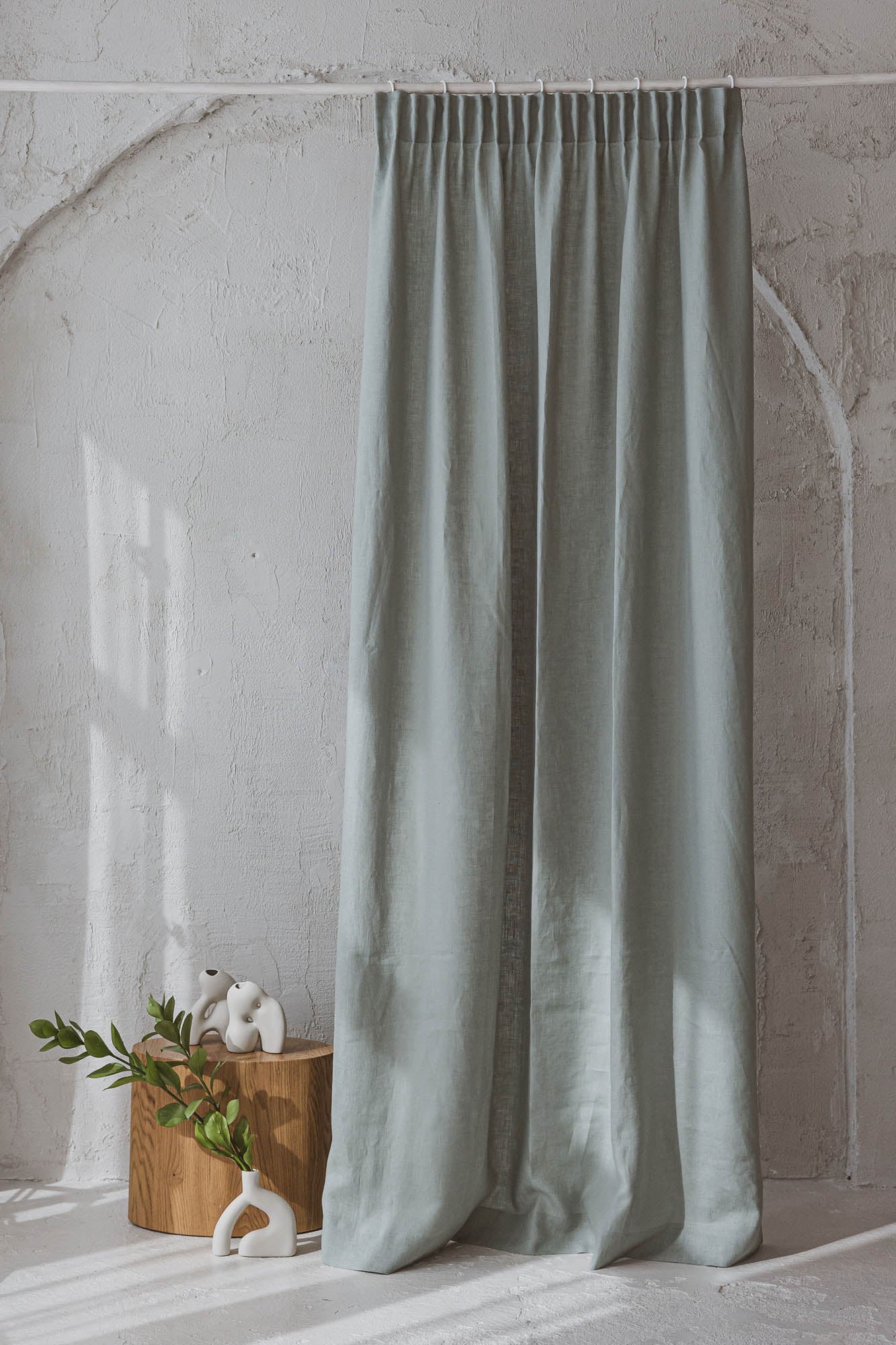 Pencil pleat linen curtain in frosty green