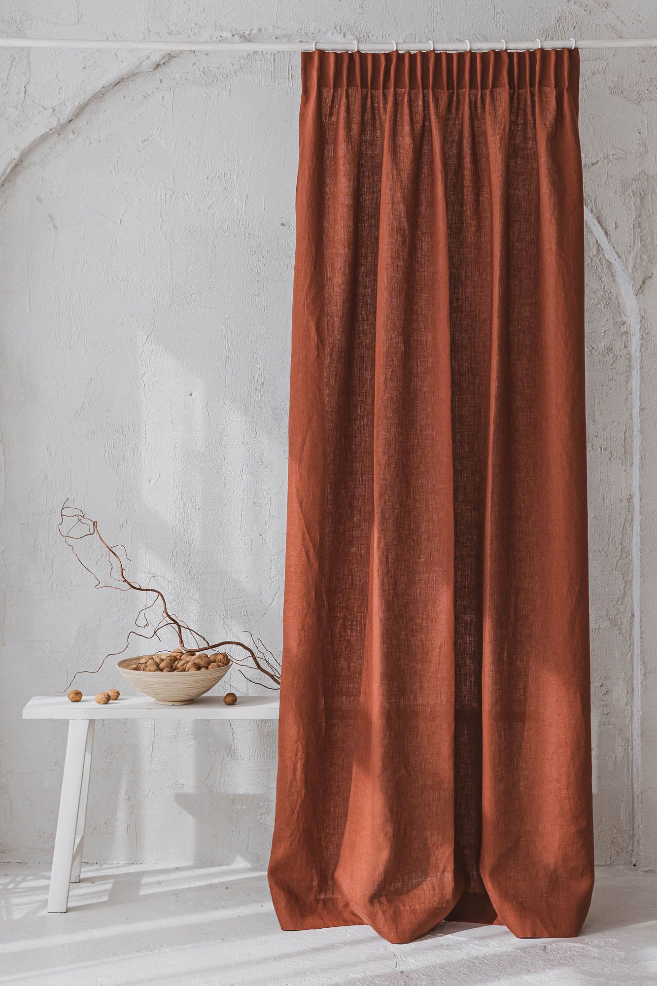 Pencil pleat linen curtain in burnt orange
