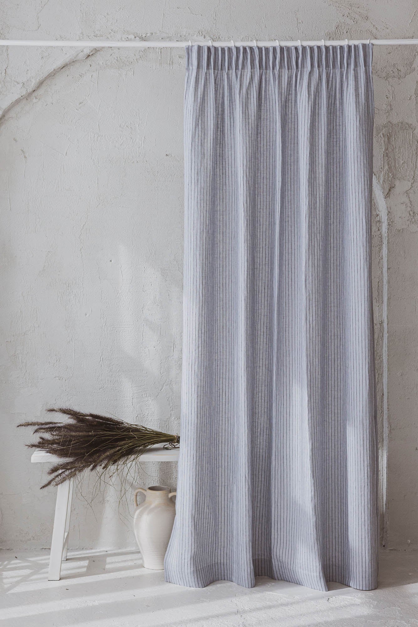Pencil pleat linen curtain in grey with black stripes