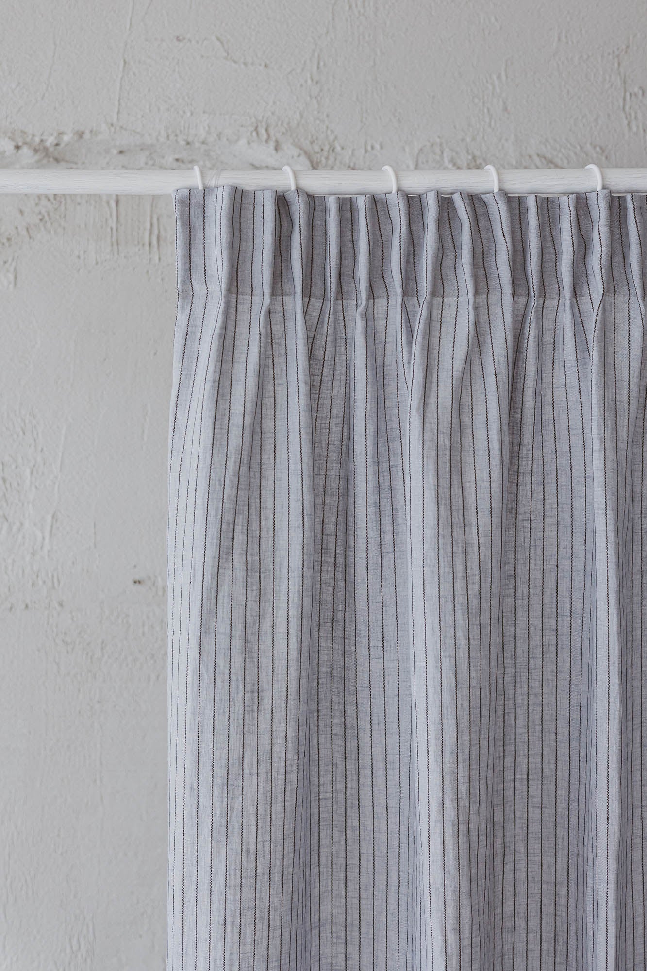 Pencil pleat linen curtain in grey with black stripes