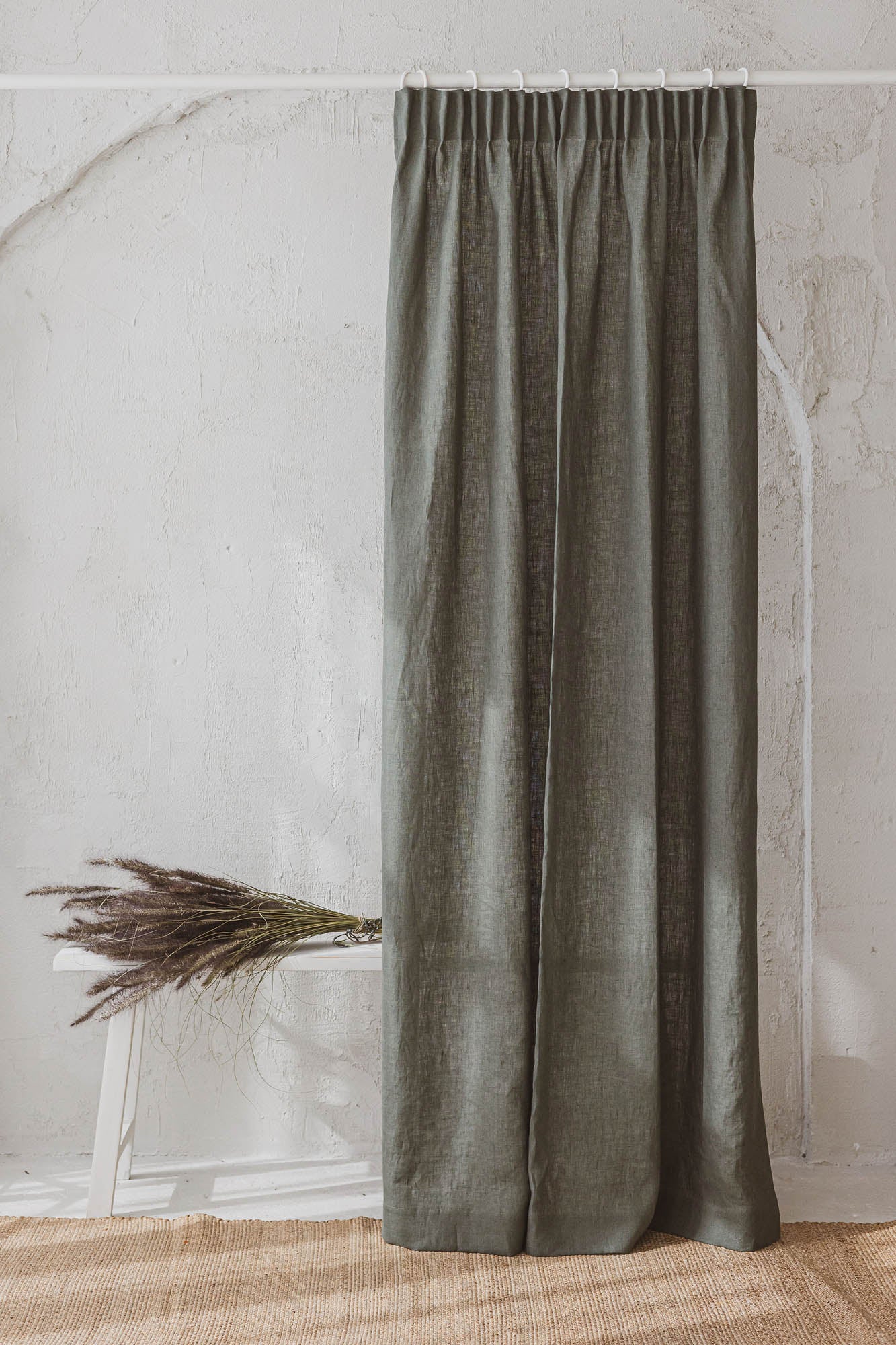 Pencil pleat linen curtain in gray green