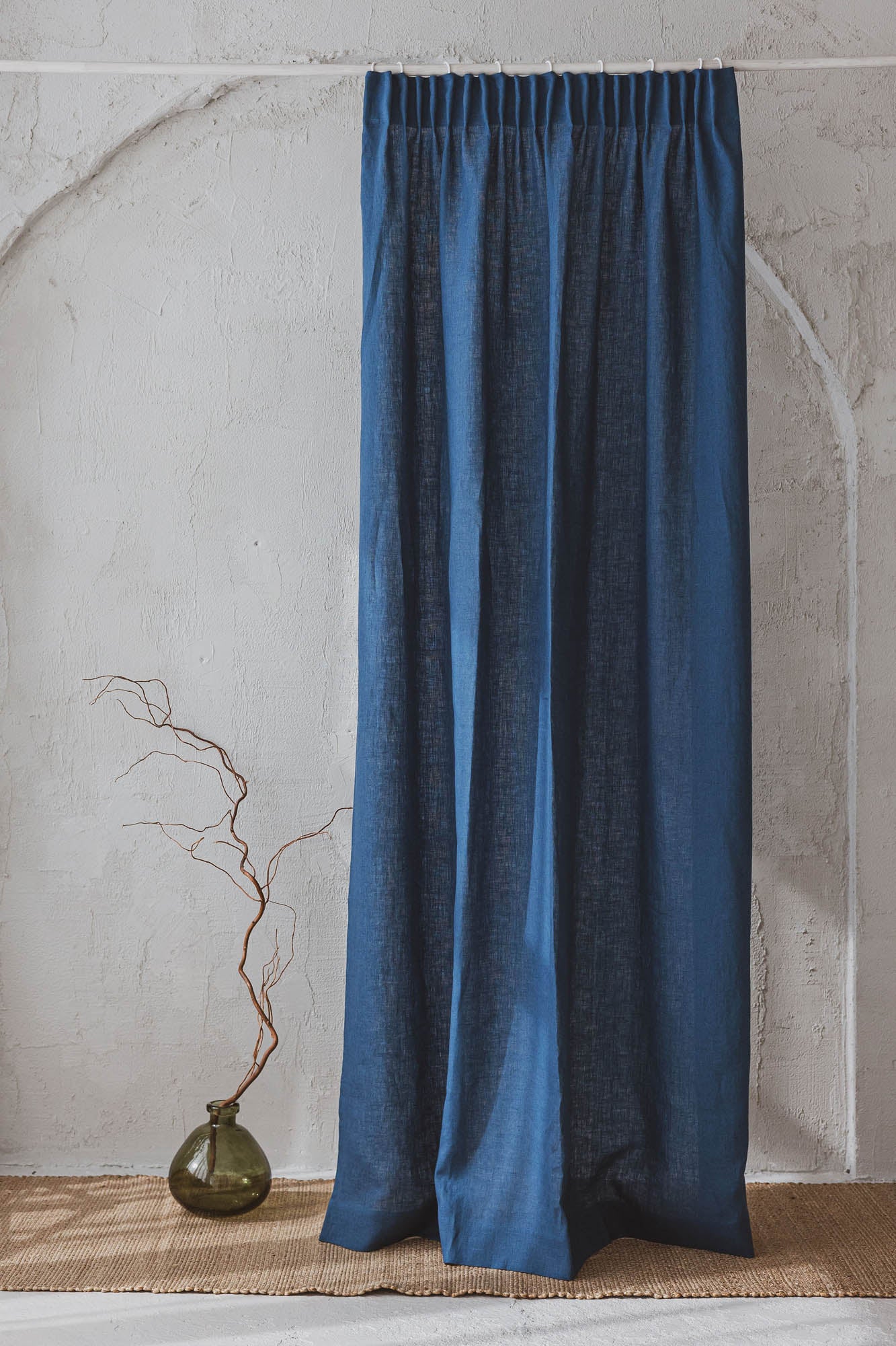 Pencil pleat linen curtain in cornflower blue