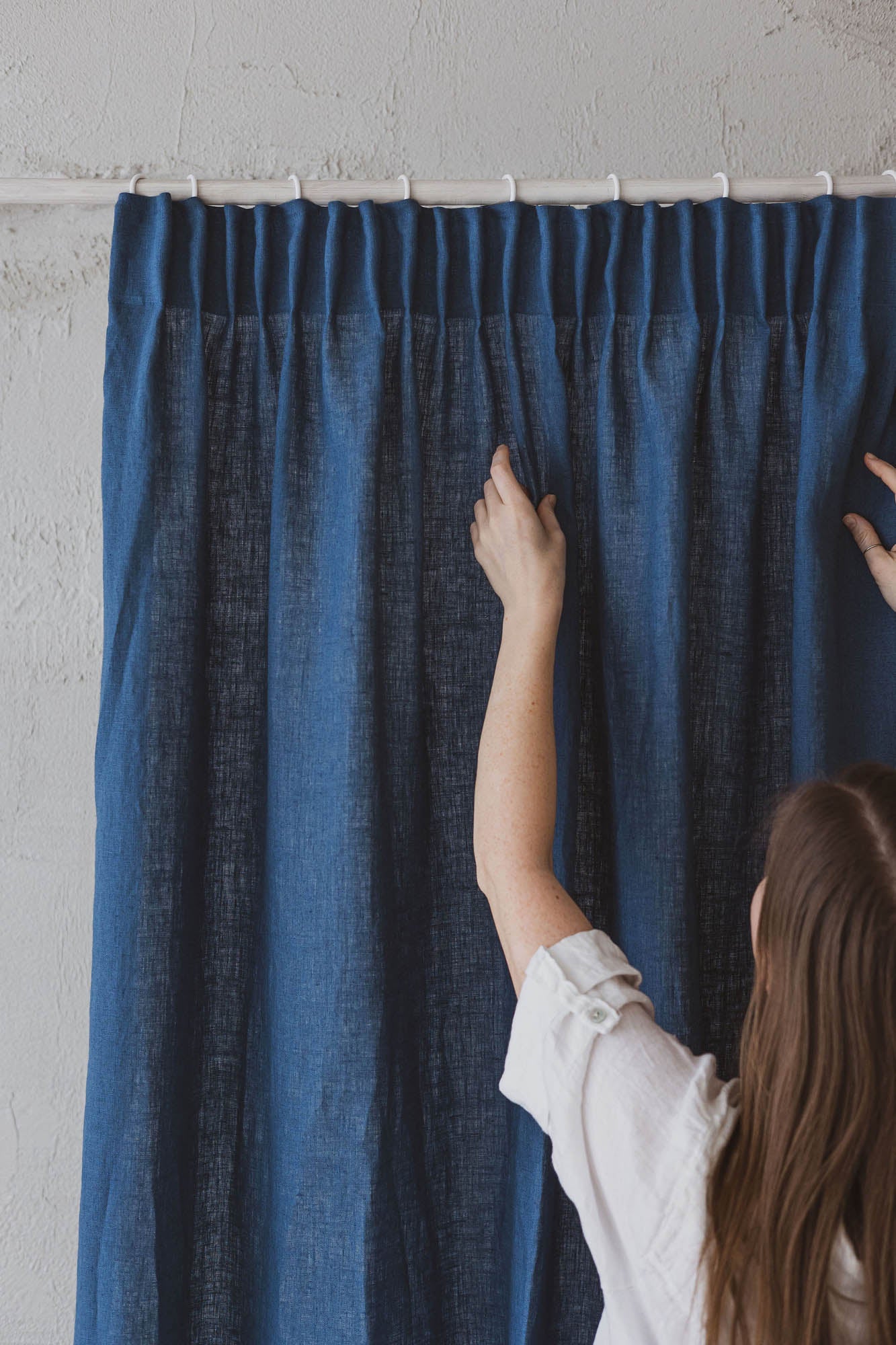 Pencil pleat linen curtain in cornflower blue