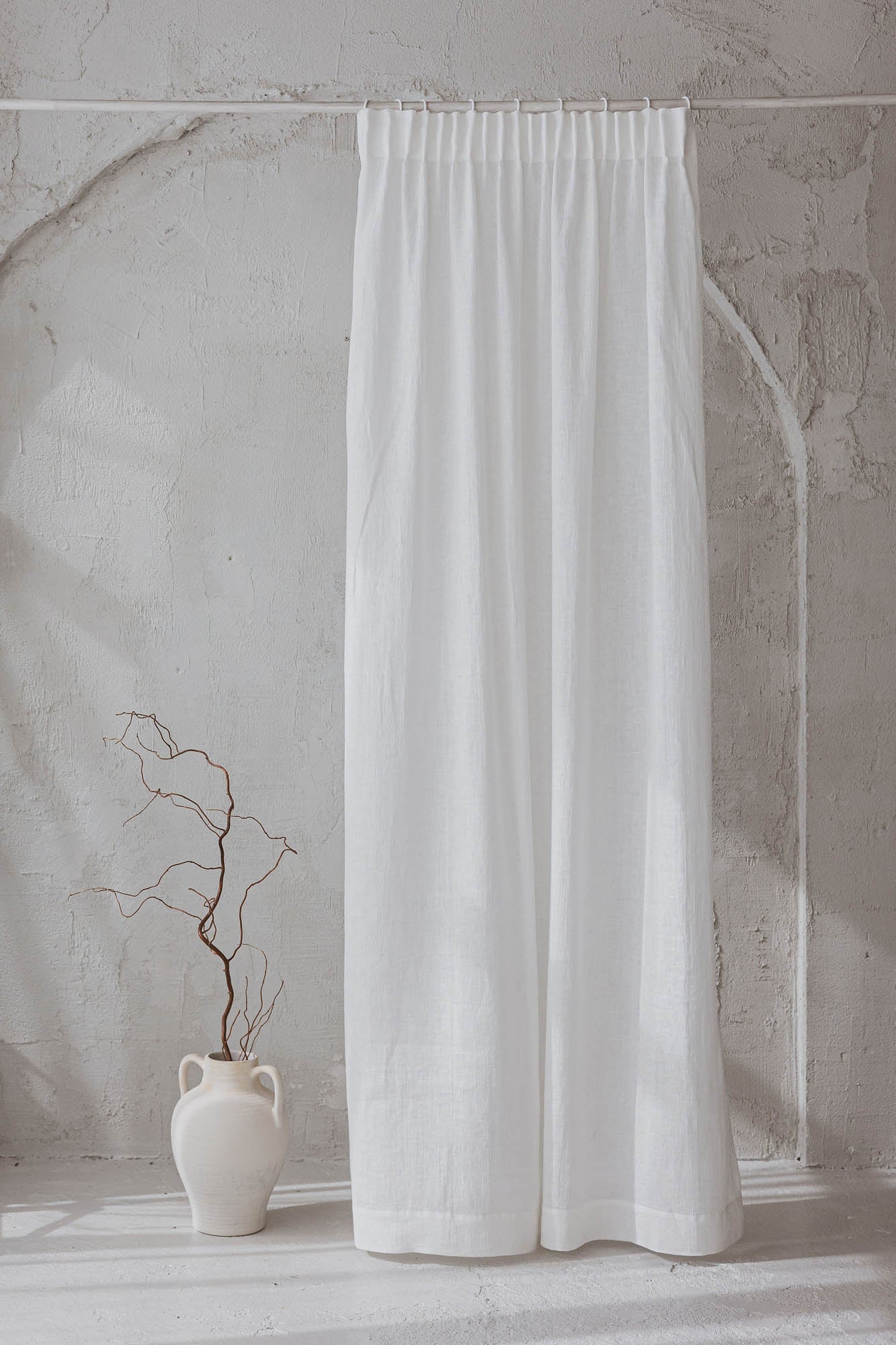 Sheer pencil pleat linen curtain in off white