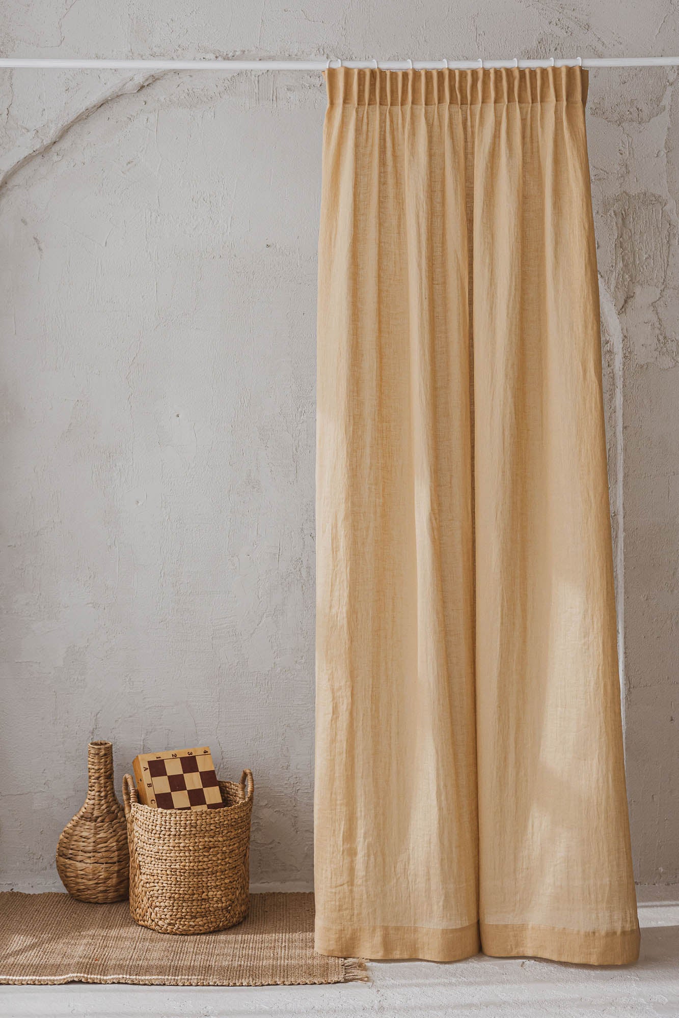 Sheer pencil pleat linen curtain in wheat