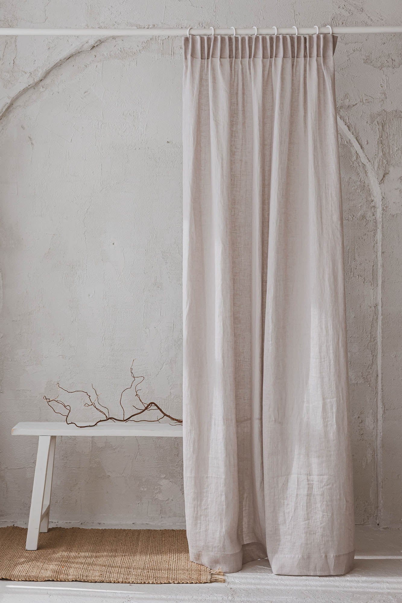 Sheer pencil pleat linen curtain in white sand