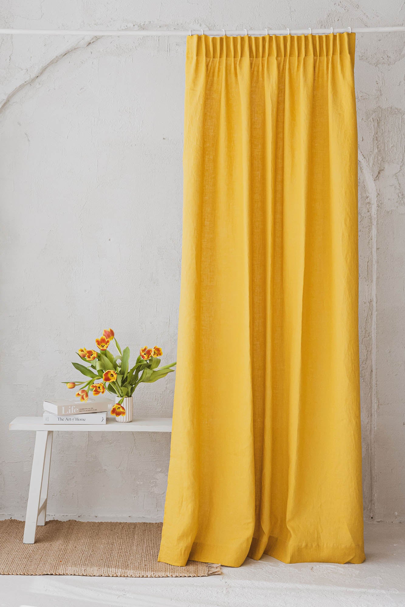 Pencil pleat linen curtain in mimosa yellow