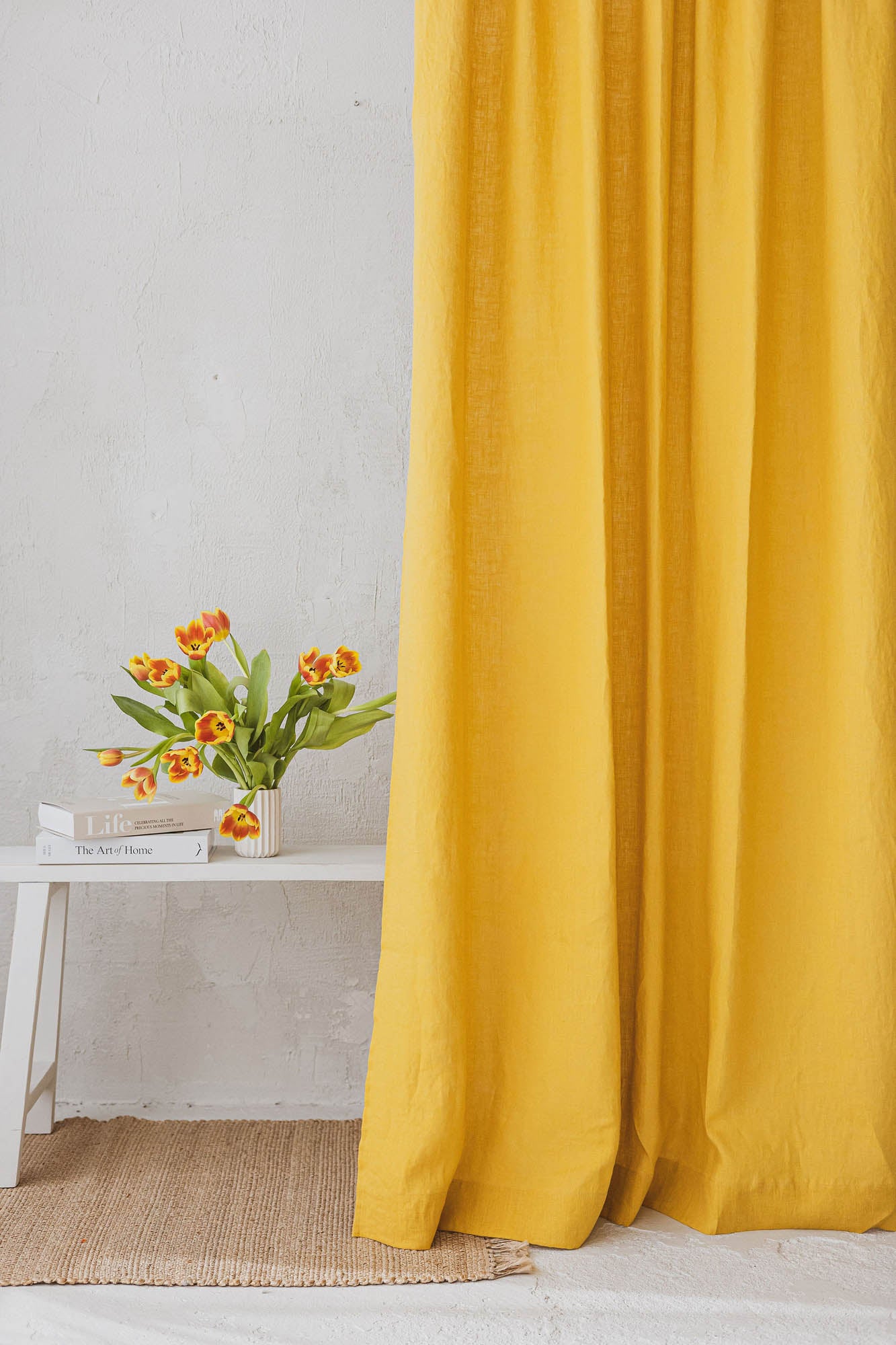 Pencil pleat linen curtain in mimosa yellow