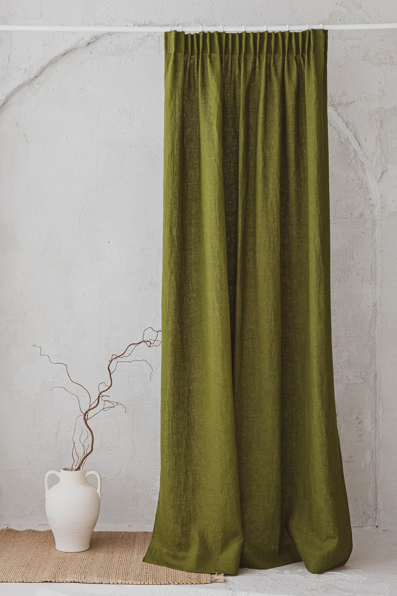 Pencil pleat linen curtain in moss green