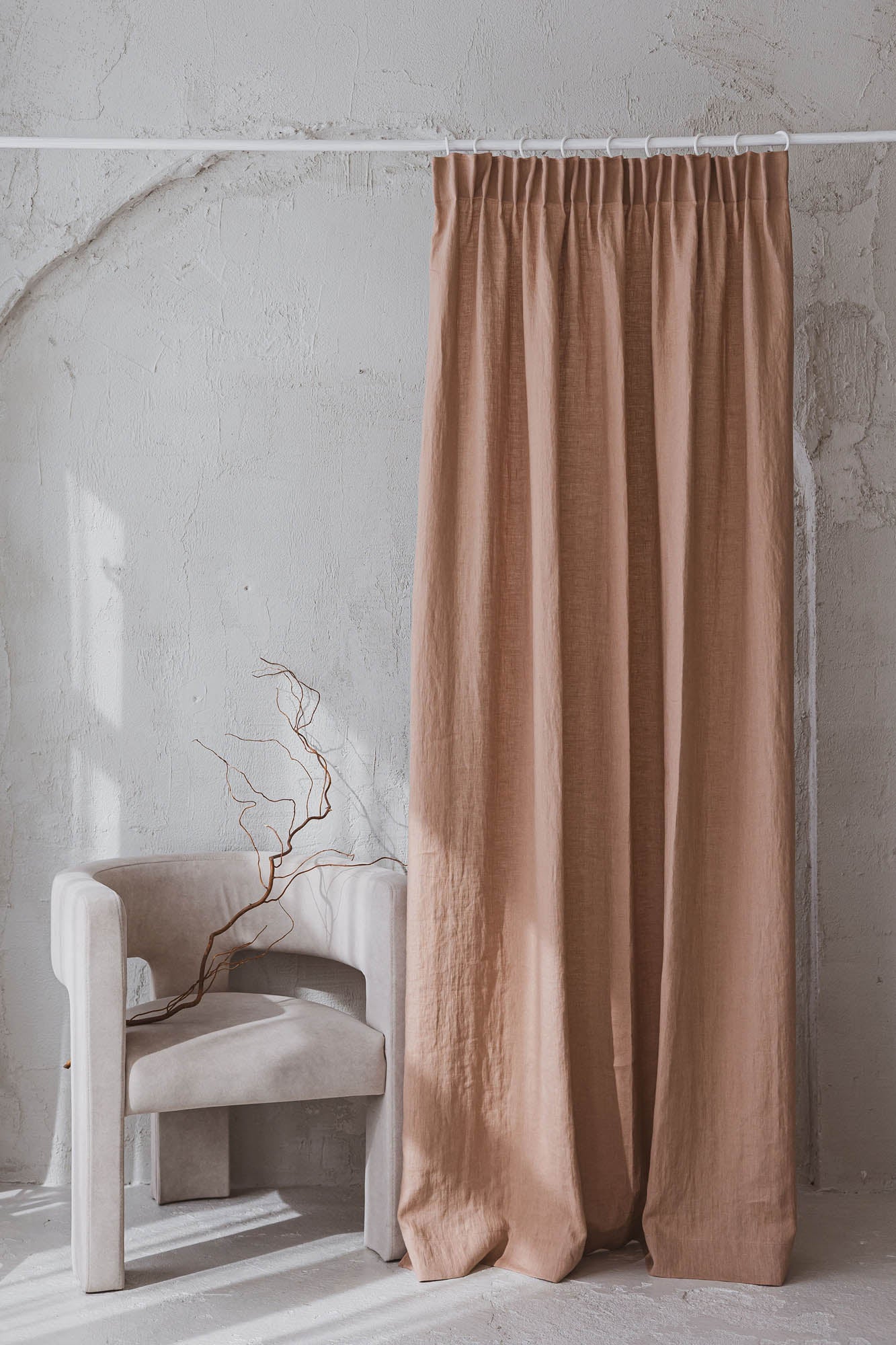 Pencil pleat linen curtain in misty rose