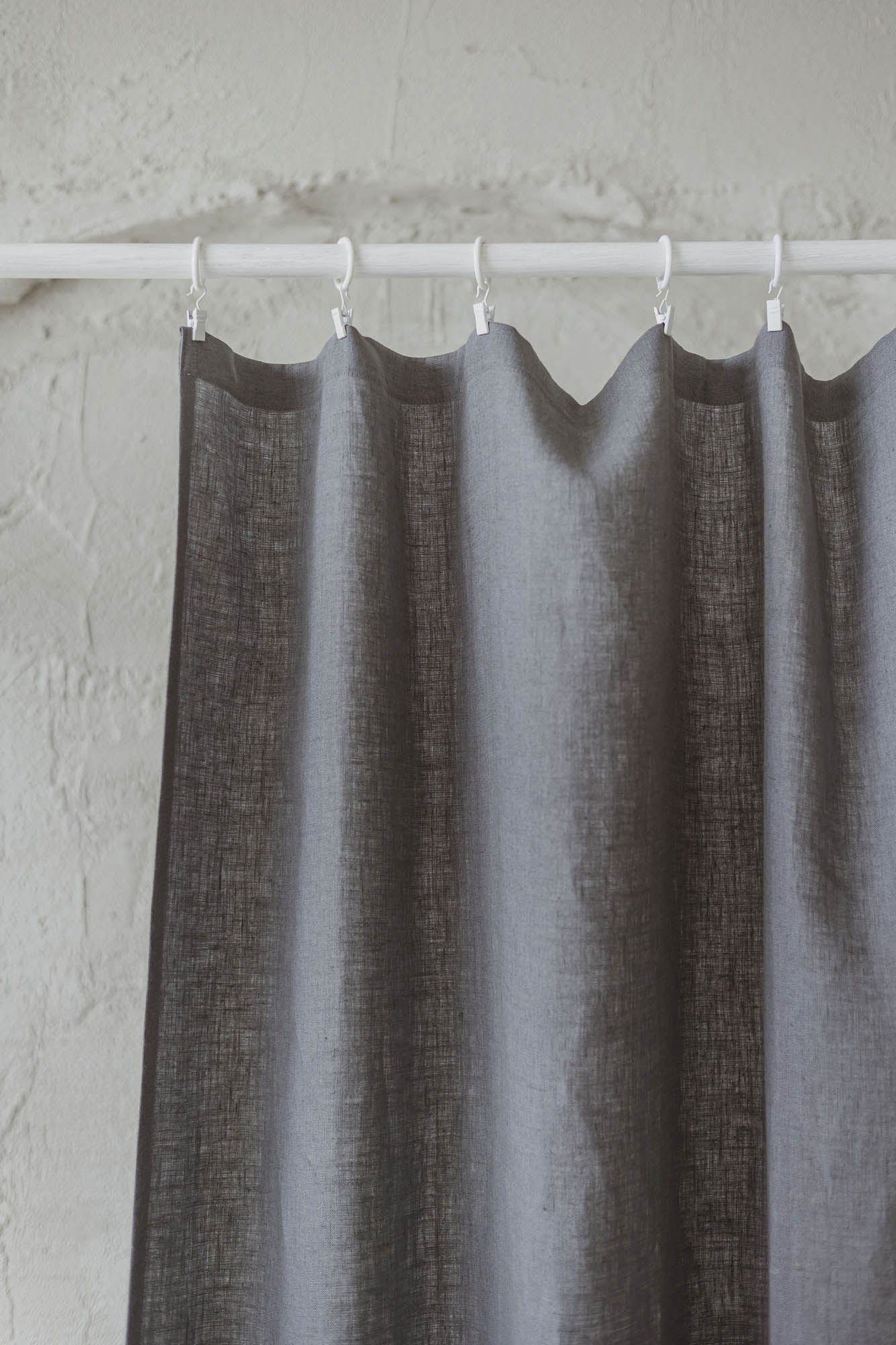 Grey linen curtain with simple hem, for clips