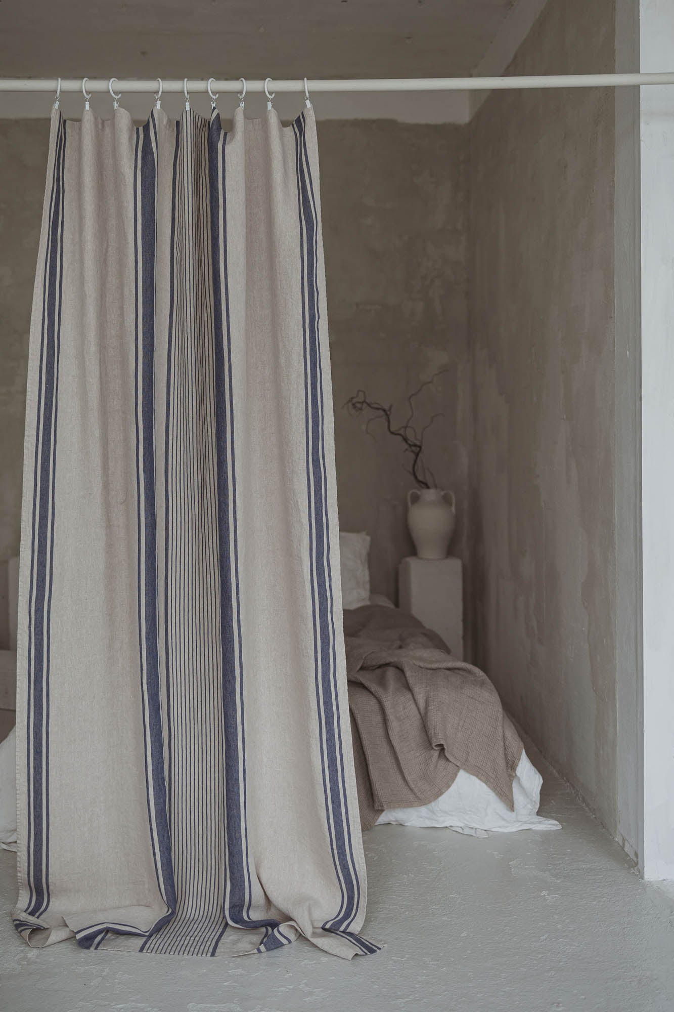 French style linen curtain with blue stripes and simple hem, for clips