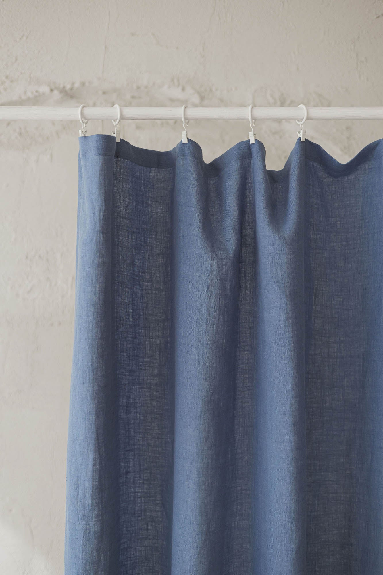 Denim blue linen curtain with simple hem, for clips