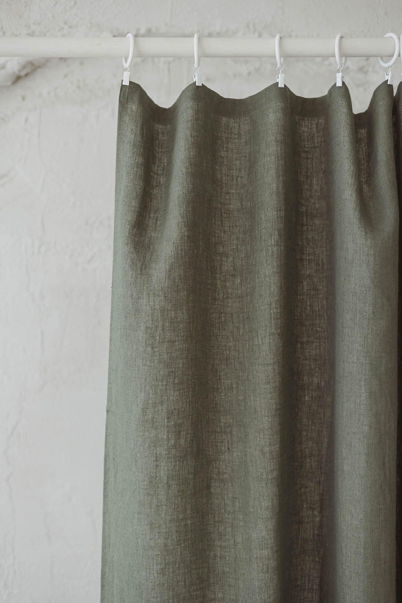 Gray green linen curtain with simple hem, for clips