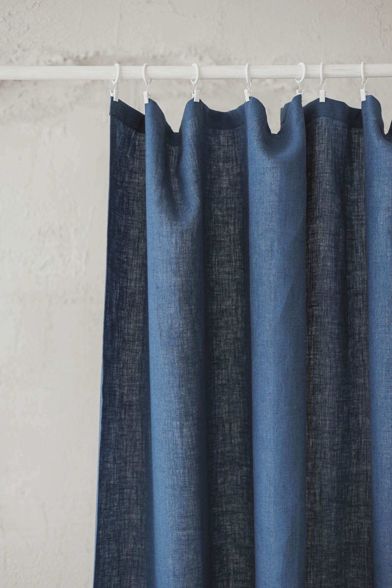 Cornflower blue linen curtain with simple hem, for clips
