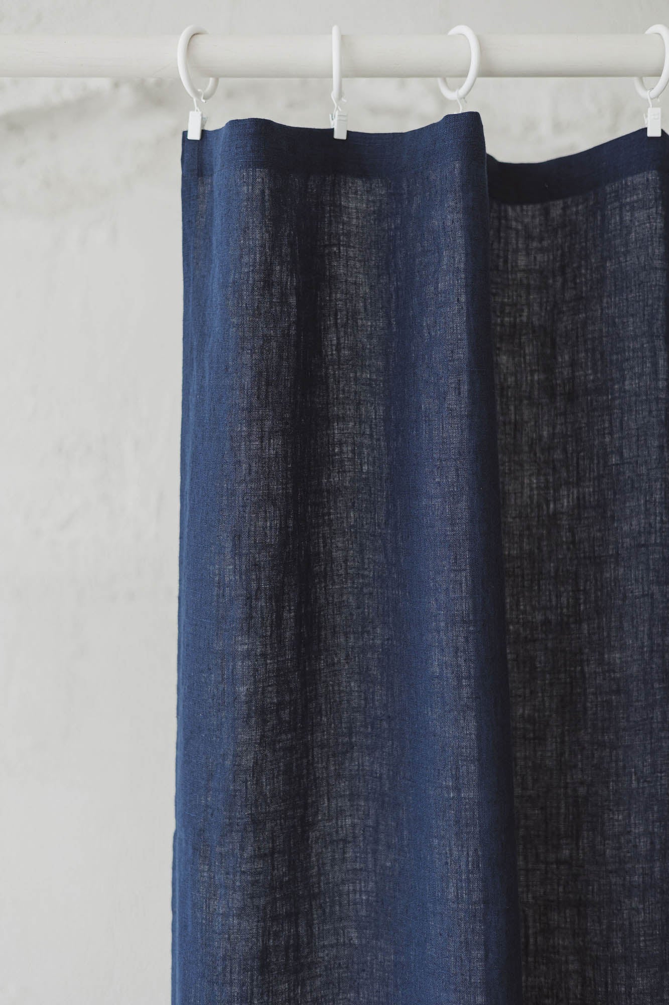 Midnight blue linen curtain with simple hem, for clips