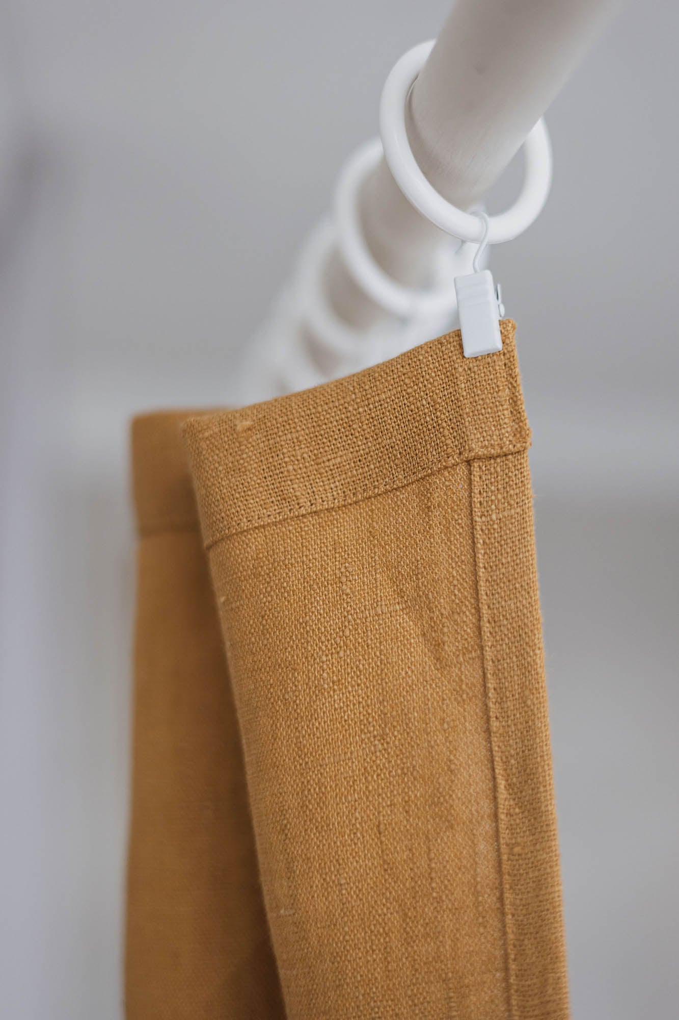 Heavyweight camel linen curtain with simple hem, for clips