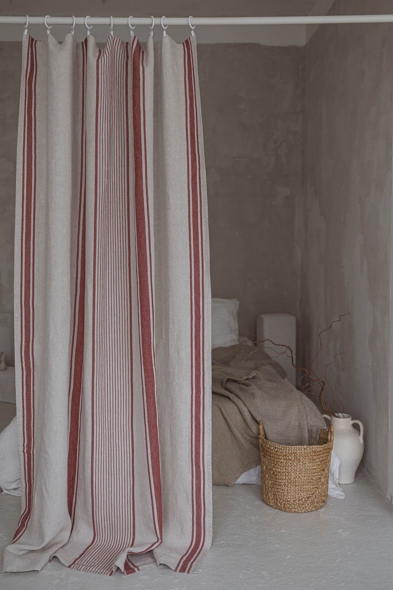 French style linen curtain with cherry red stripes and simple hem, for clips