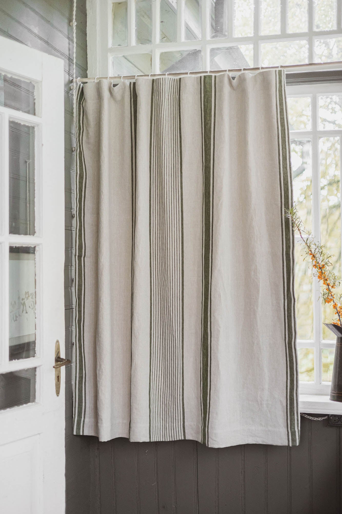 French style blackout linen curtain with green stripes and multifunctional heading tape