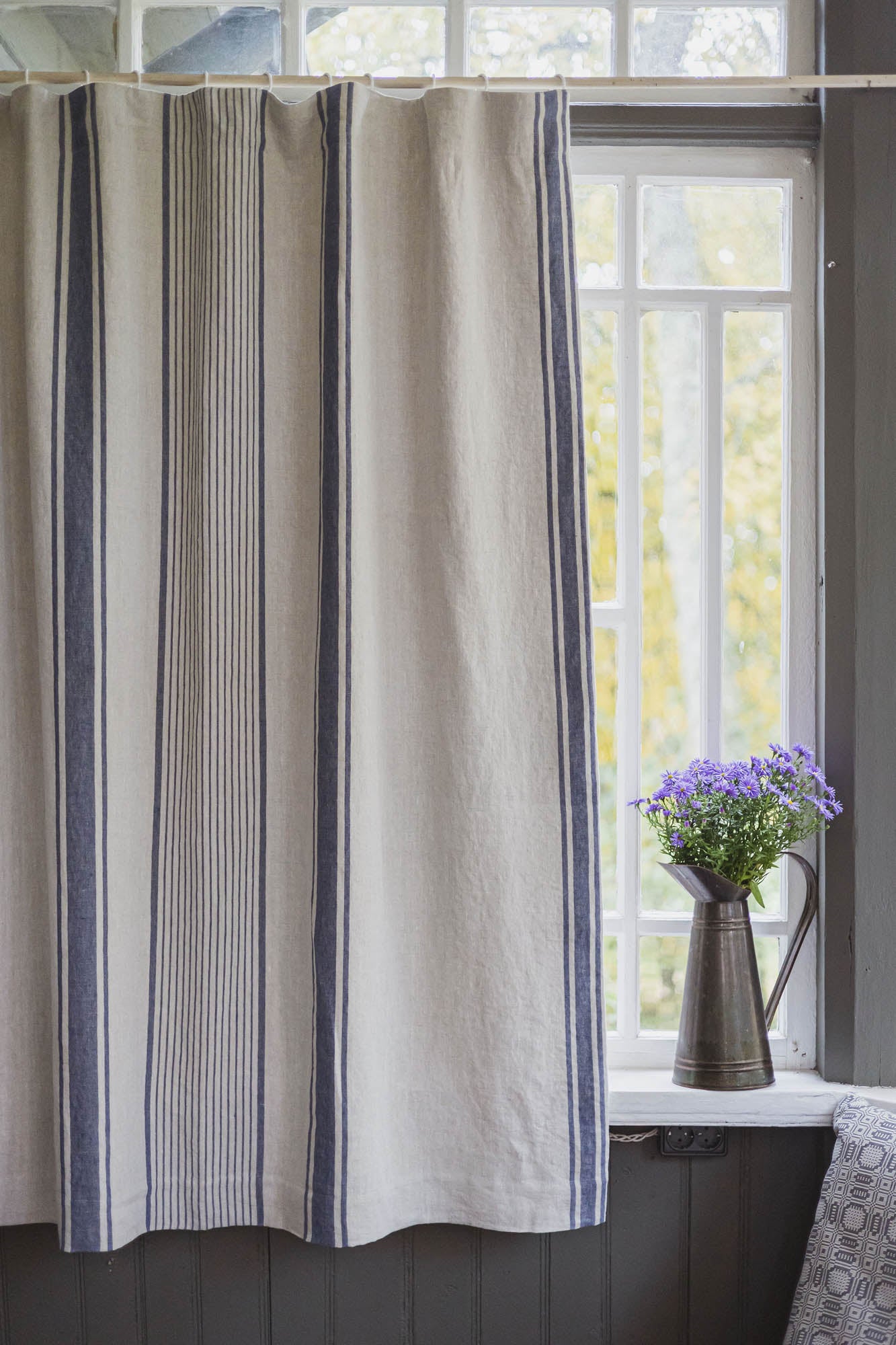 French style blackout linen curtain with blue stripes and multifunctional heading tape