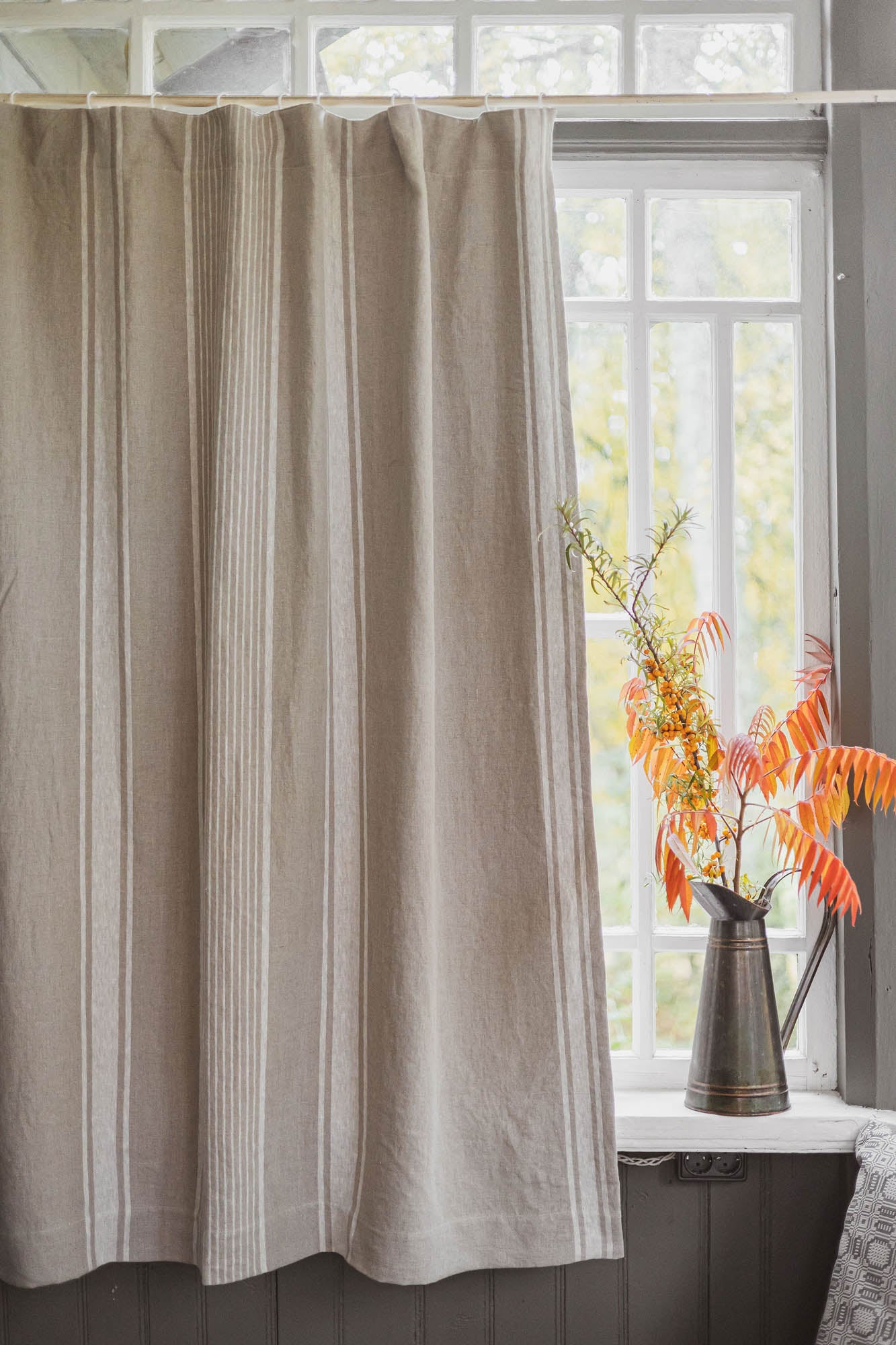 French style blackout linen curtain with natural stripes and multifunctional heading tape