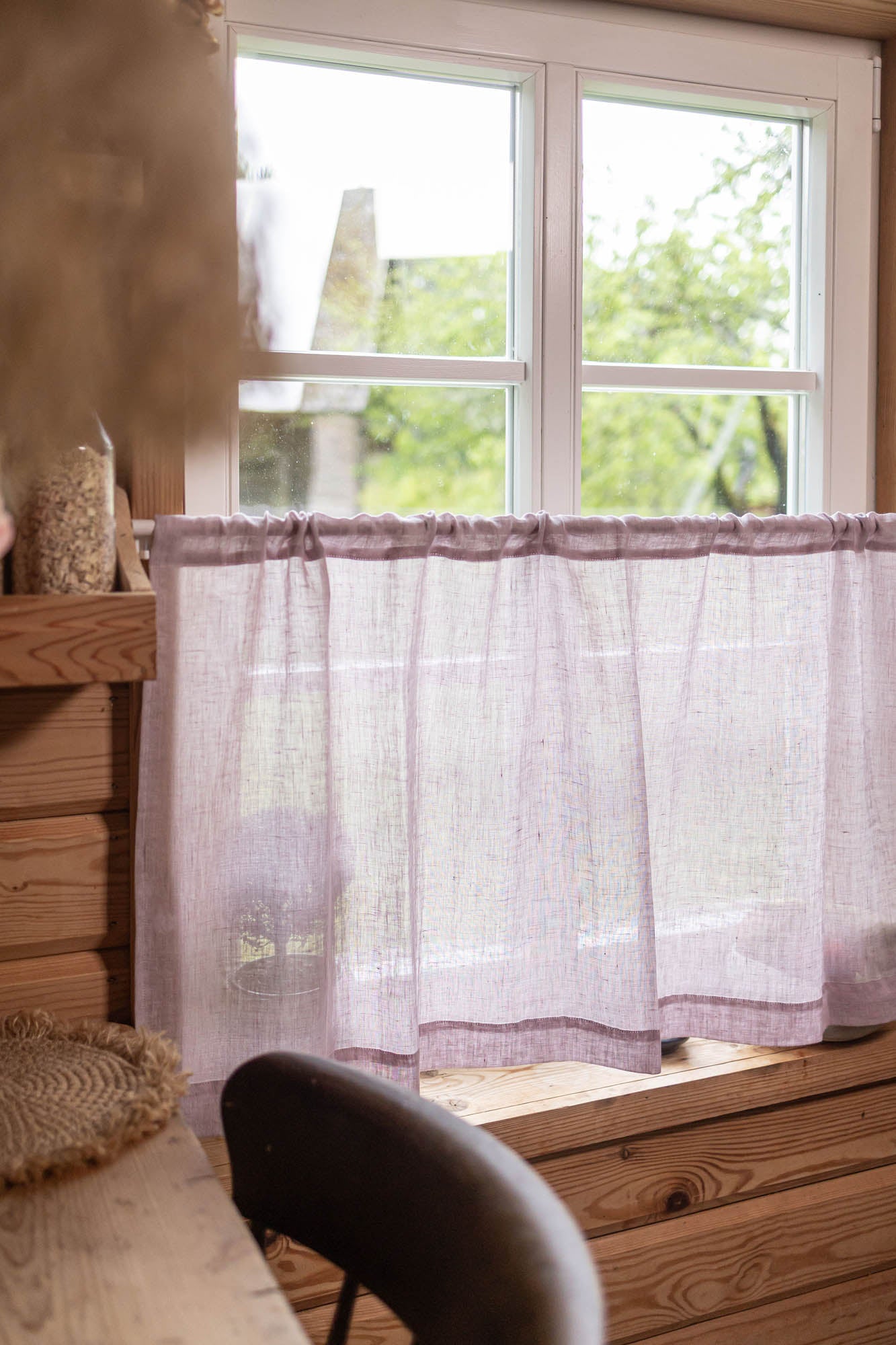 Sheer linen cafe curtain in light lilac