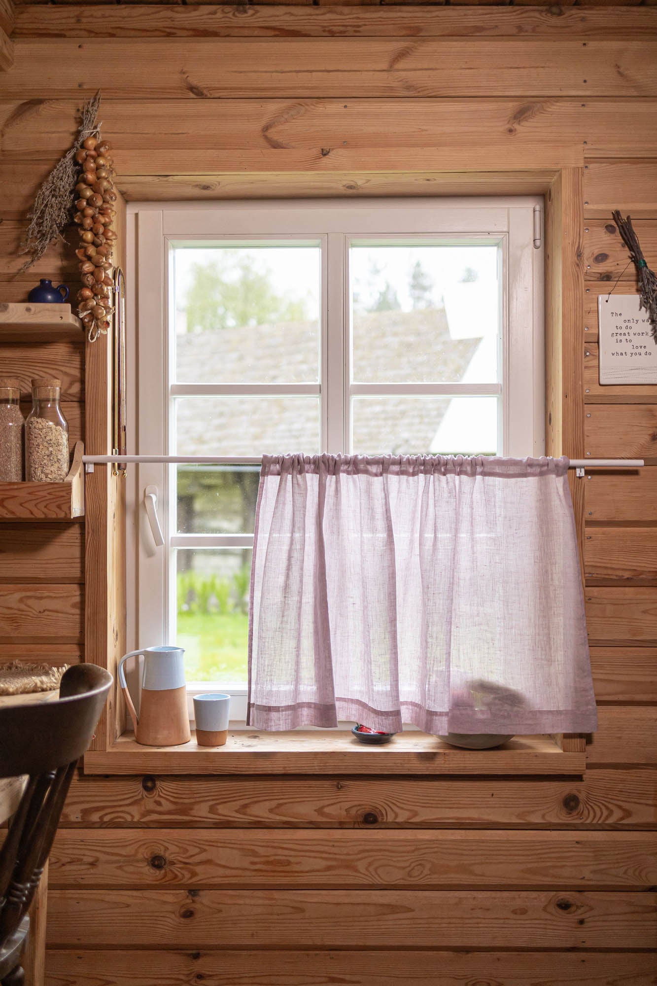Sheer linen cafe curtain in light lilac