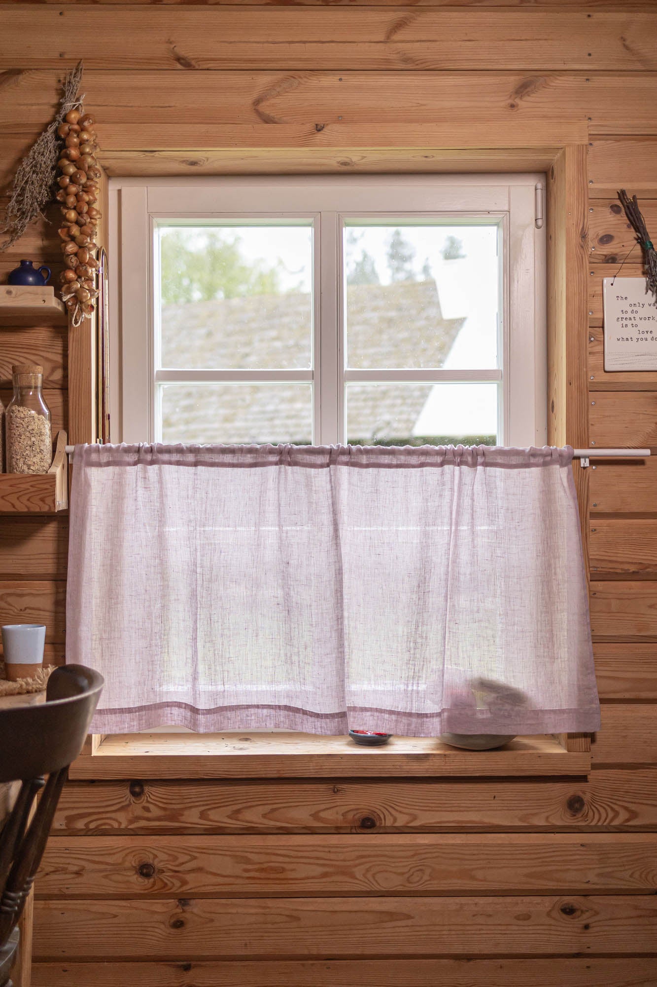 Sheer linen cafe curtain in light lilac