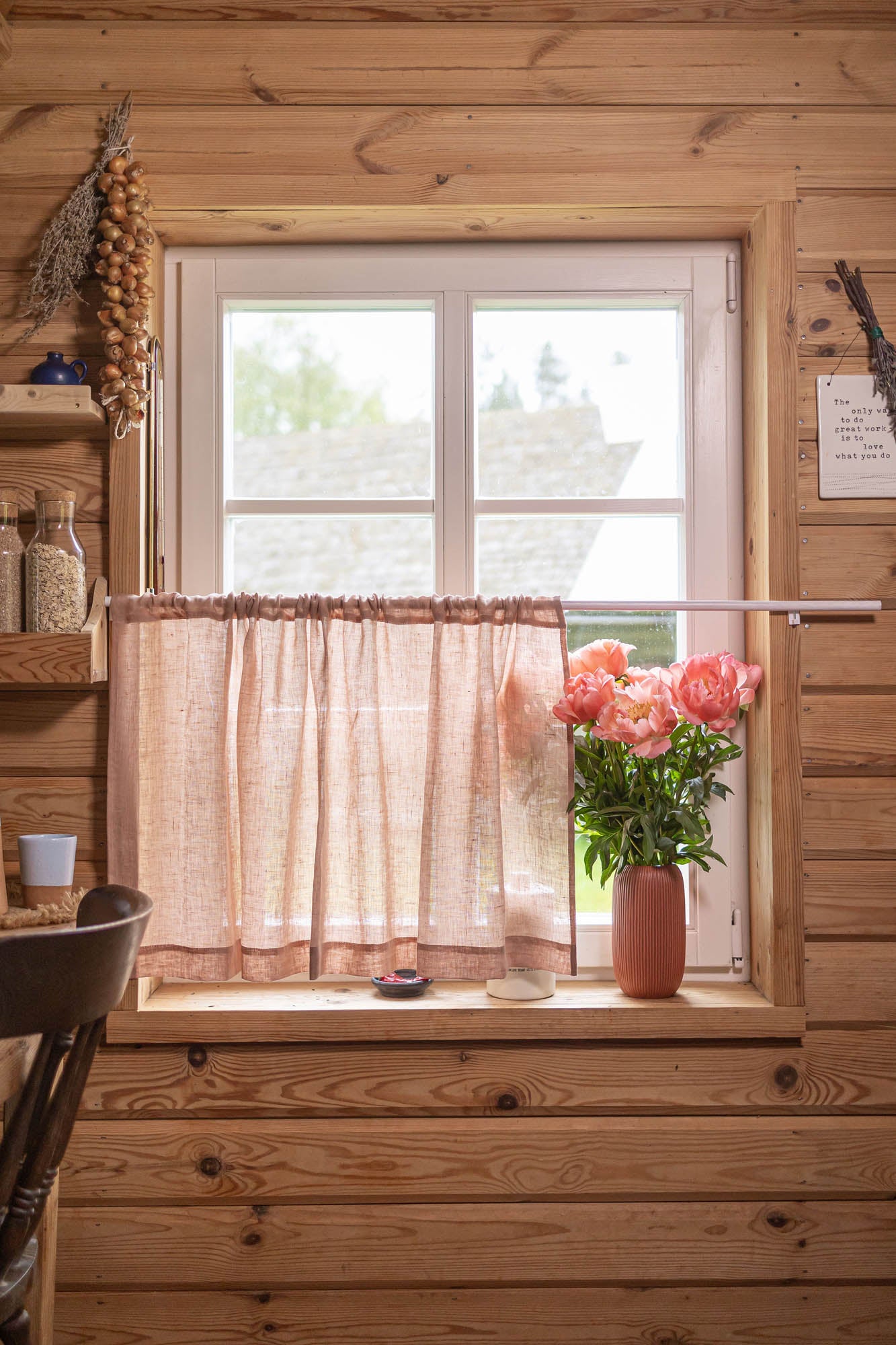 Sheer linen cafe curtain in misty rose