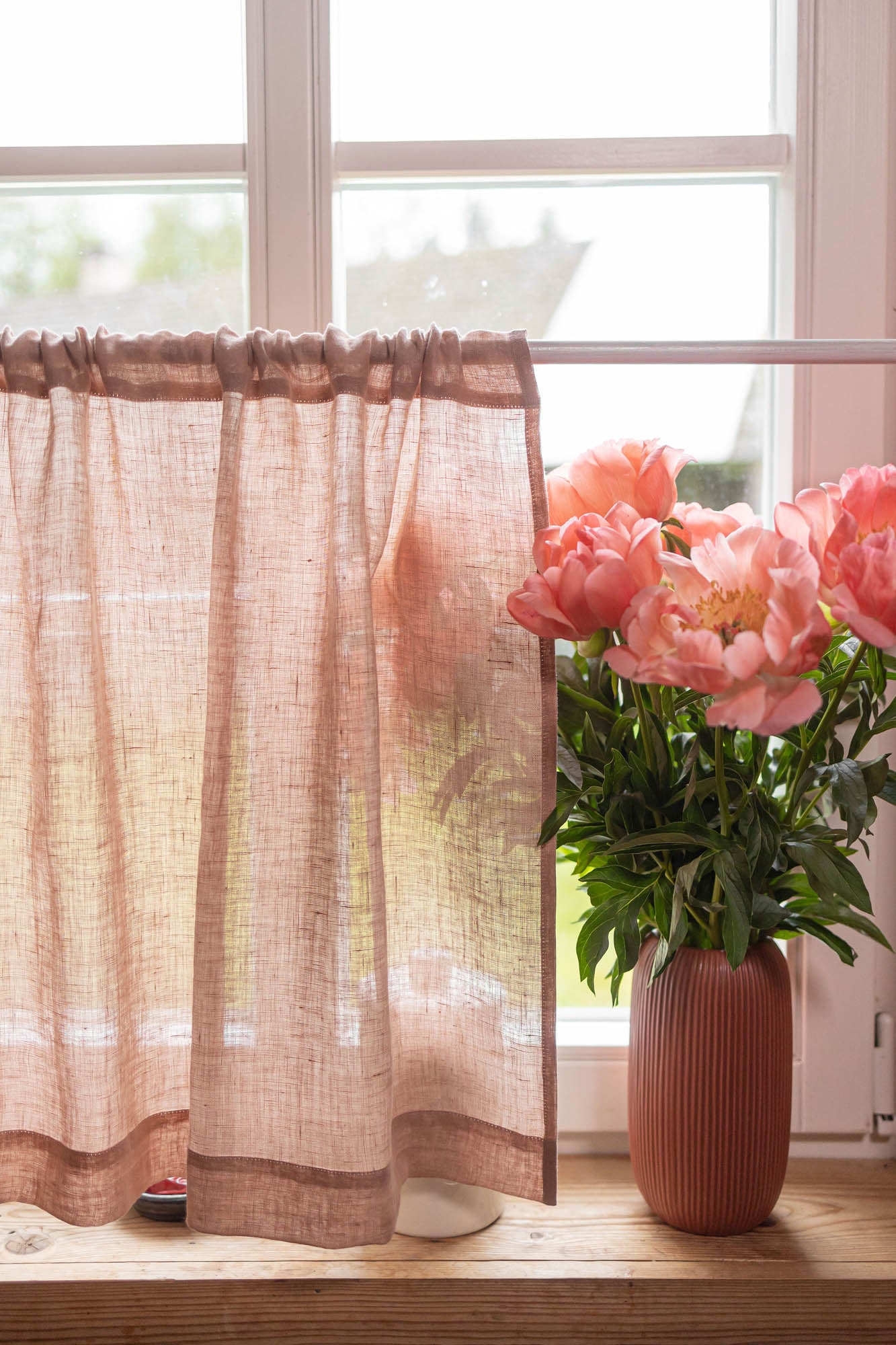 Sheer linen cafe curtain in misty rose