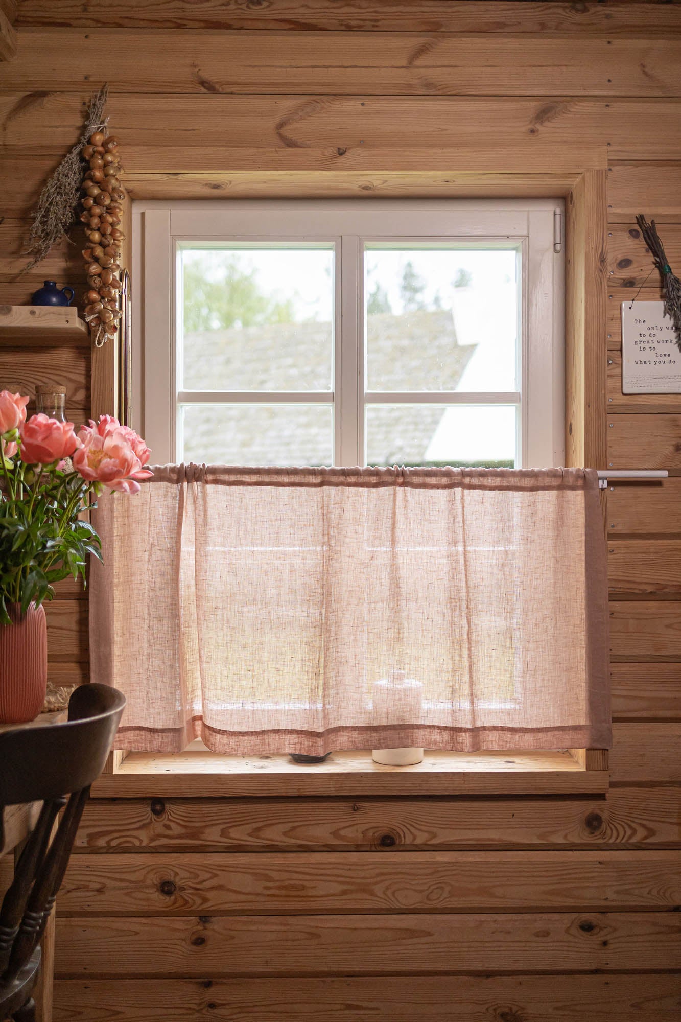 Sheer linen cafe curtain in misty rose