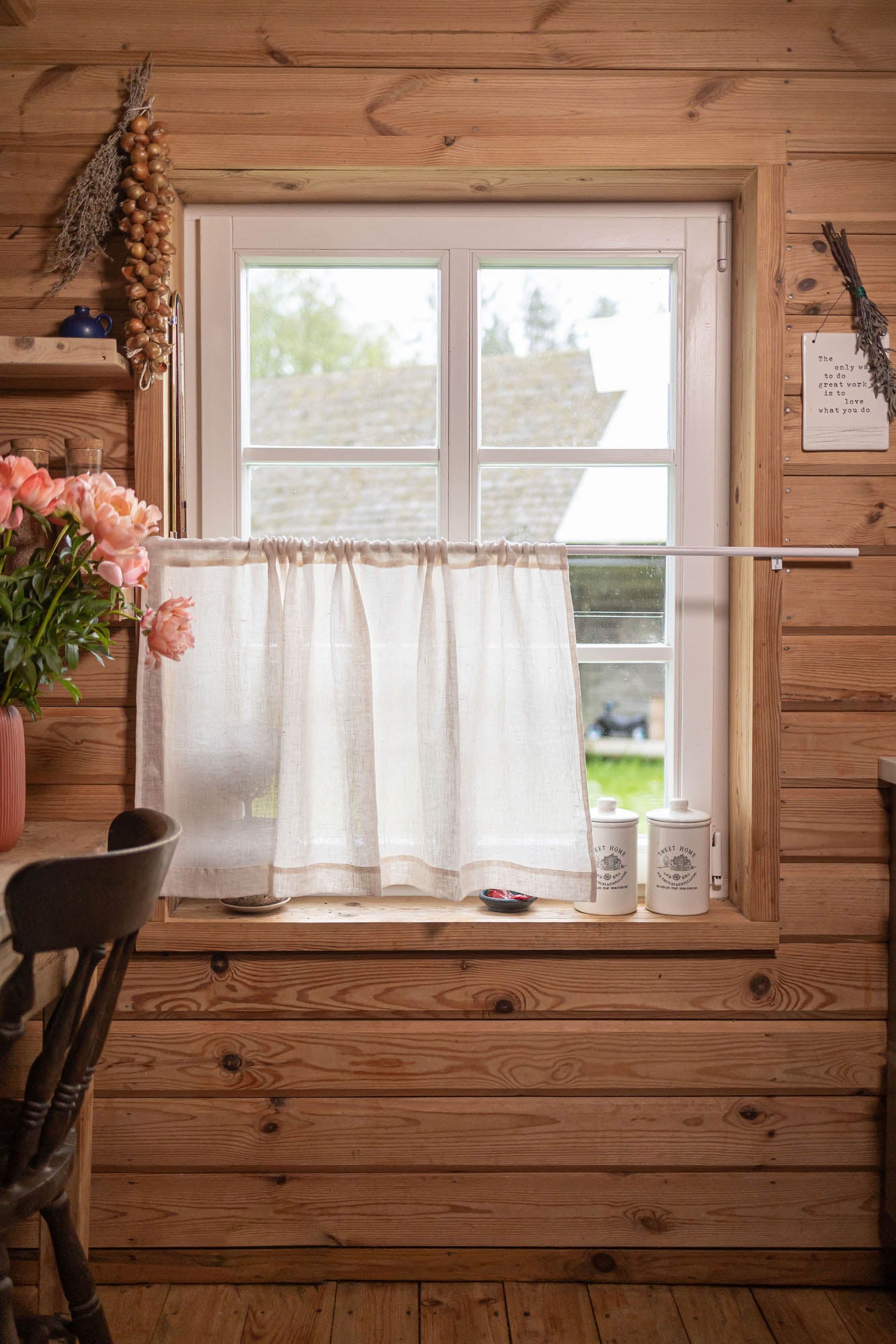 Sheer linen cafe curtain in light cream