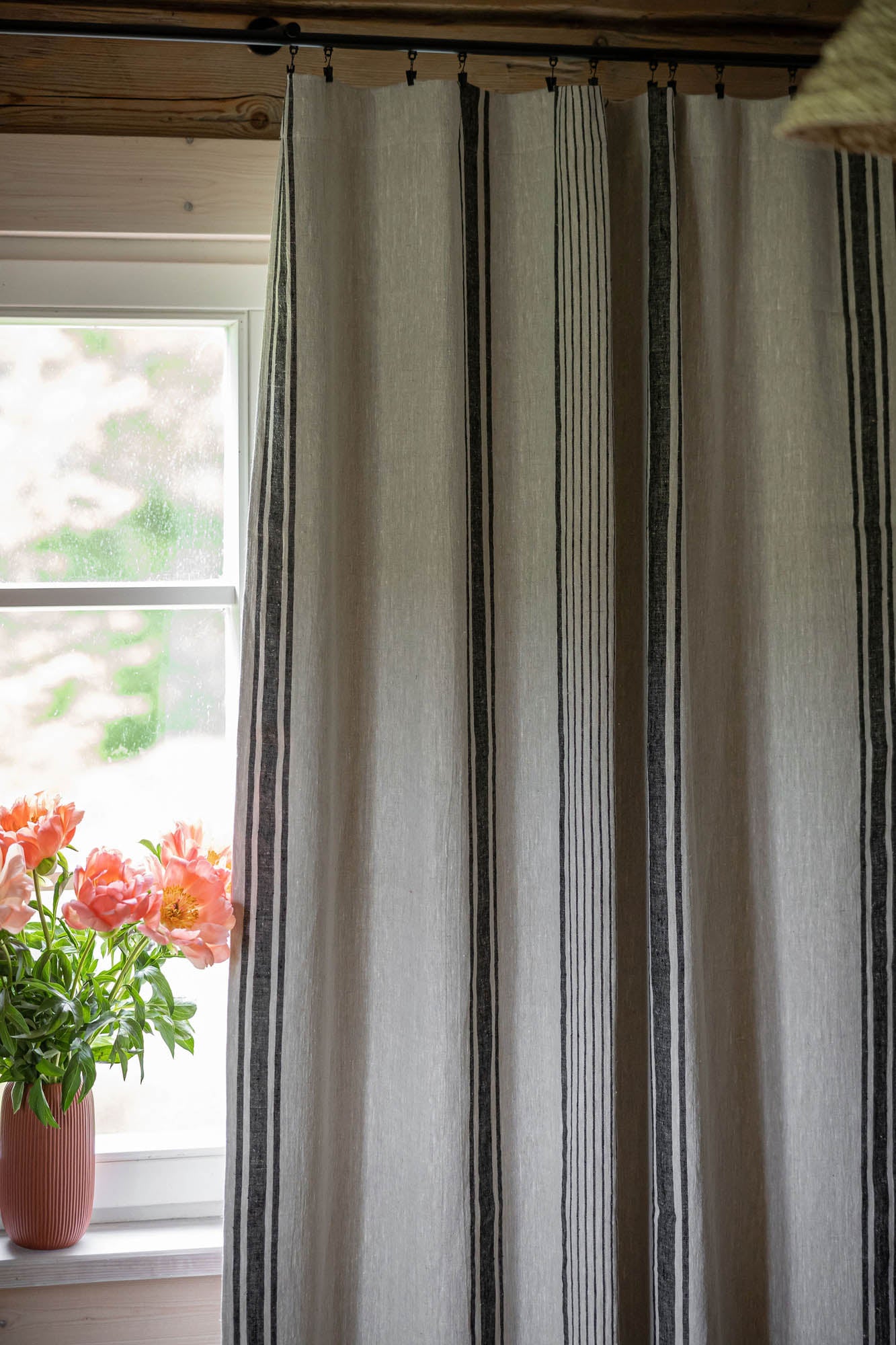 French style blackout linen curtain with black stripes and multifunctional heading tape