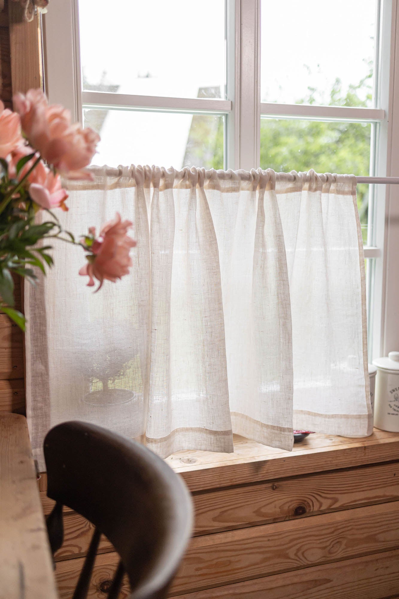 Sheer linen cafe curtain in light cream