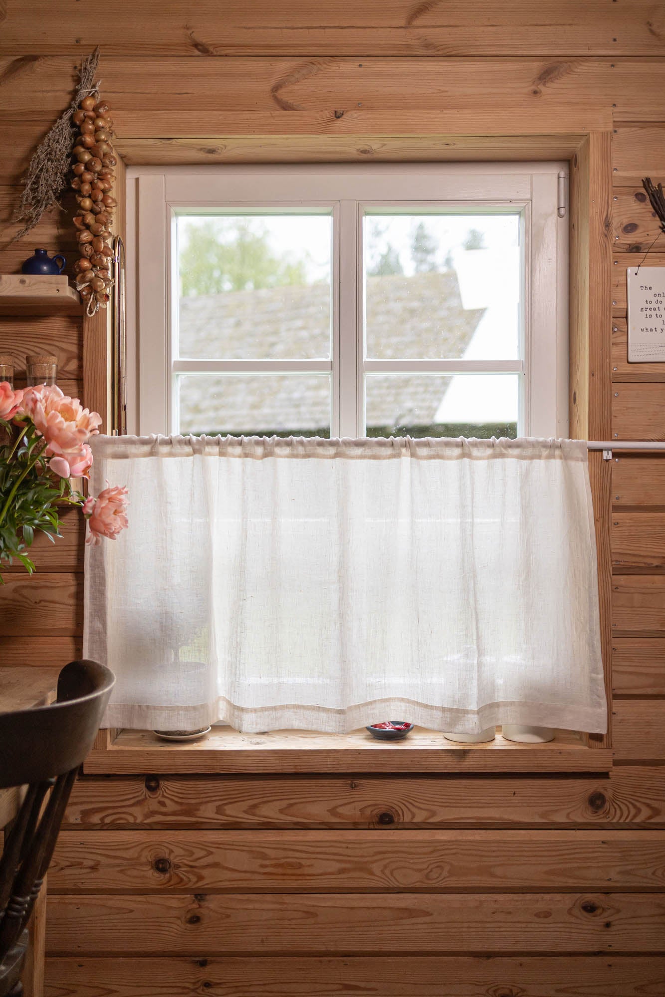 Sheer linen cafe curtain in light cream